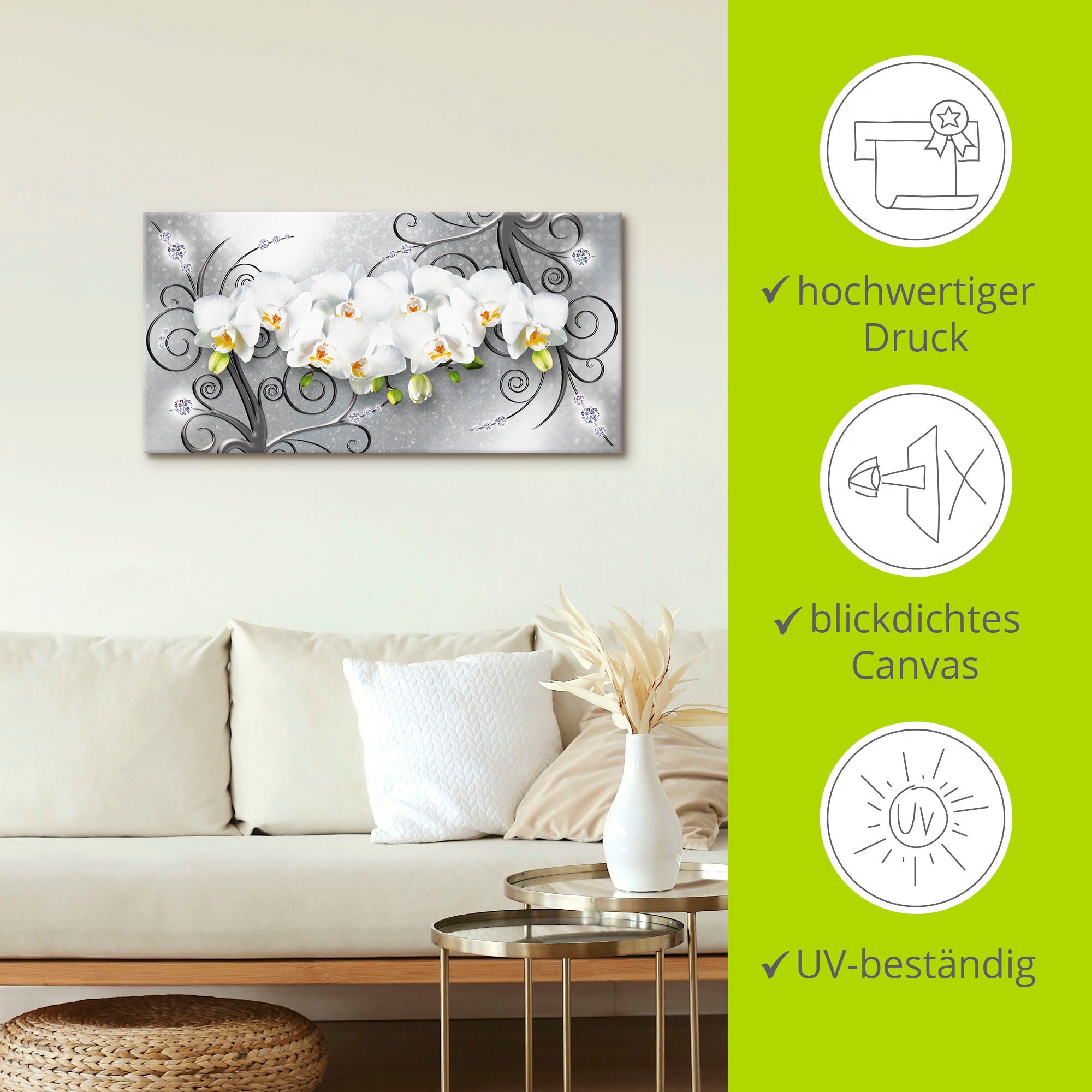 Artland Wandbild »weiße Orchideen auf Ornamenten«, Blumenbilder, (1 St.), als Alubild, Outdoorbild, Leinwandbild, Poster, Wandaufkleber