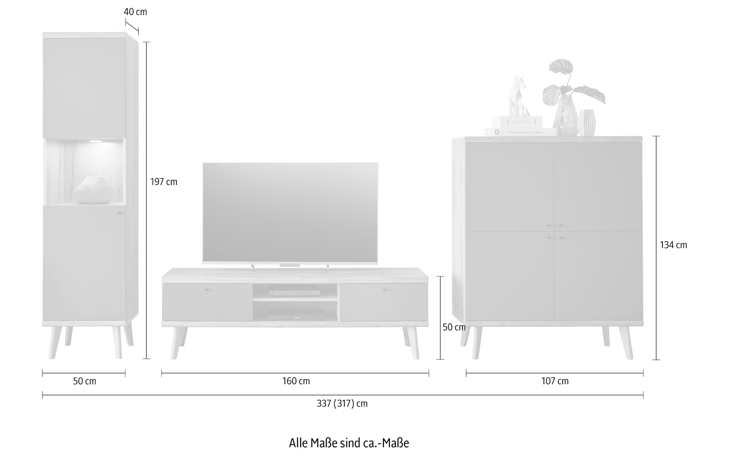 INOSIGN Wohnwand »MAVAS«, (Set, 3 St.), in moderner Trendfarbe, Griffe aus Metall (Schwarz), Breite 337 cm