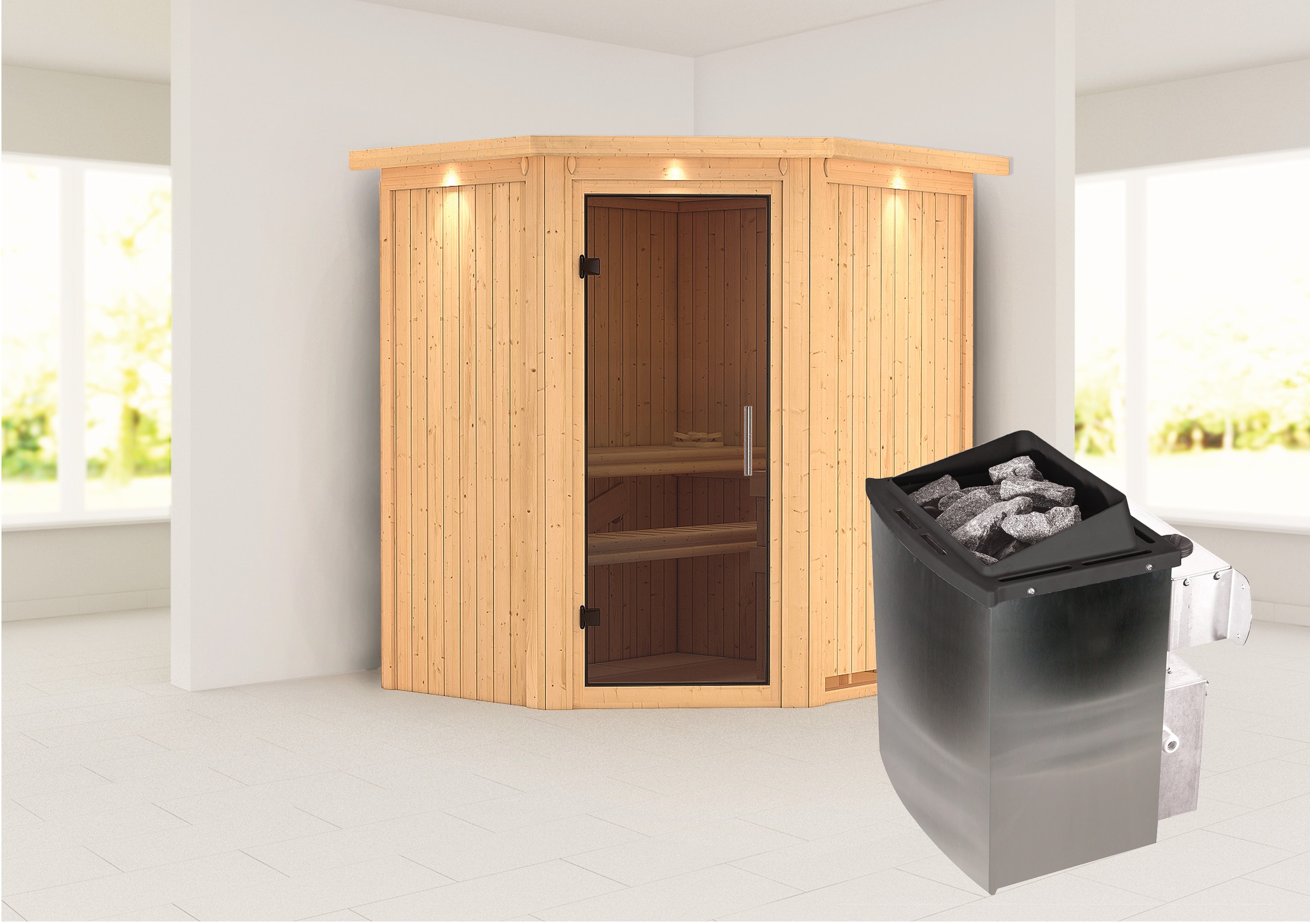 Karibu Sauna »»Liyah« mit graphitfarbene Tür und Dachkranz«, in verschieden günstig online kaufen