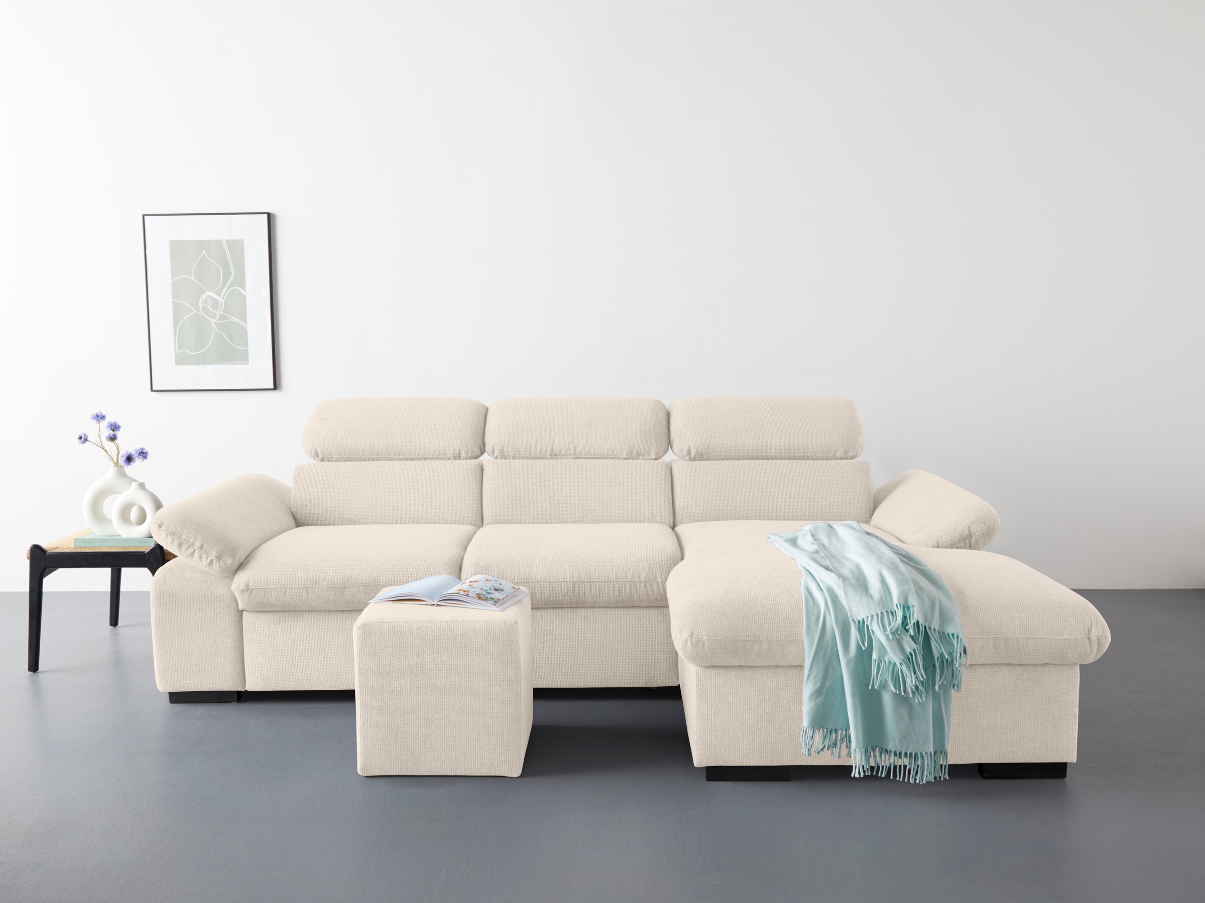 COTTA Ecksofa »Lola L-Form«, (Set, mit Hocker), mit Hocker & Kopfteilfunktion, wahlw. Bett- und Armteilfunktion