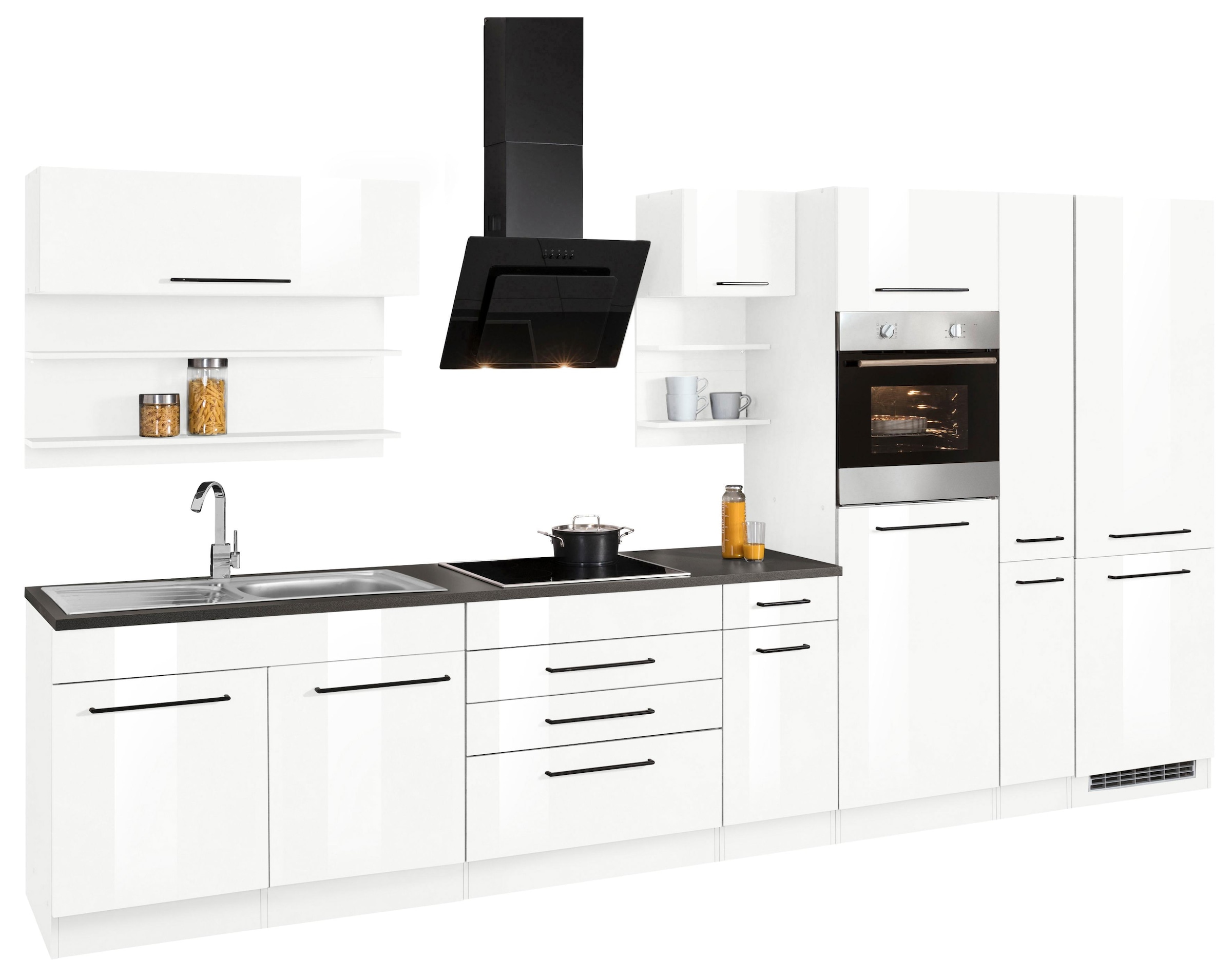 KOCHSTATION Küchenzeile »KS-Tulsa«, mit E-Geräten, Breite 380 cm, schwarze Metallgriffe, MDF Fronten