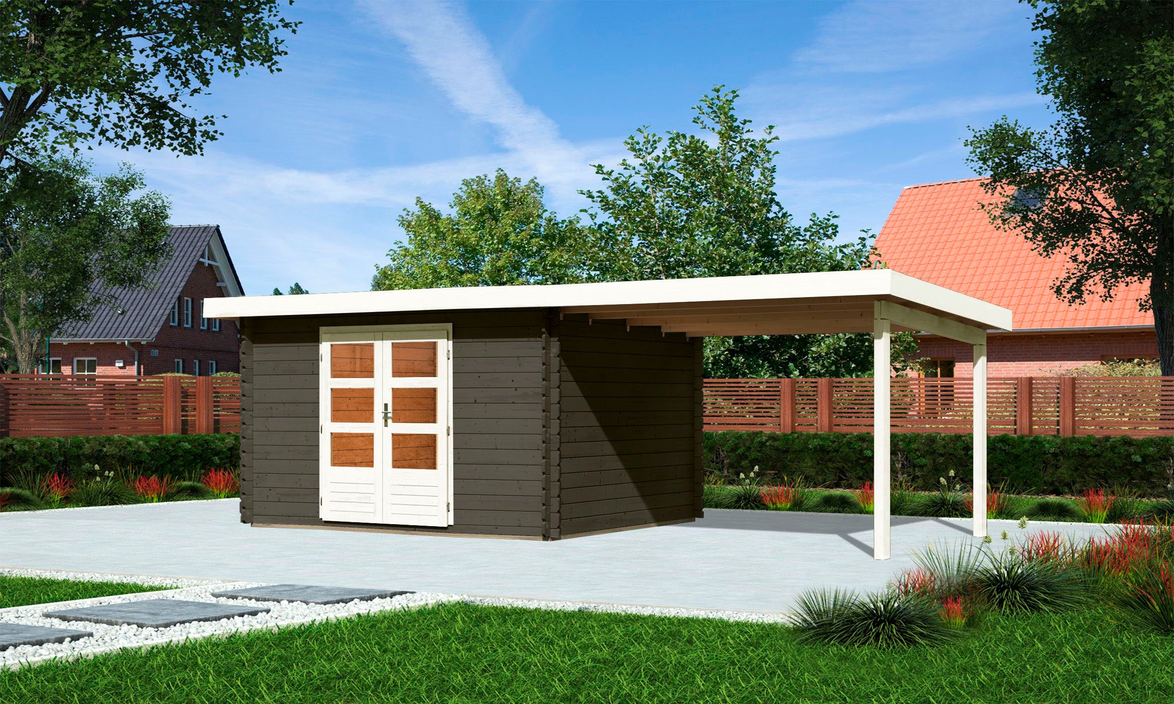 KONIFERA Gartenhaus »Schloßsee 7«, terragrau, mit Anbaudach 3,0 m Breite kaufen
