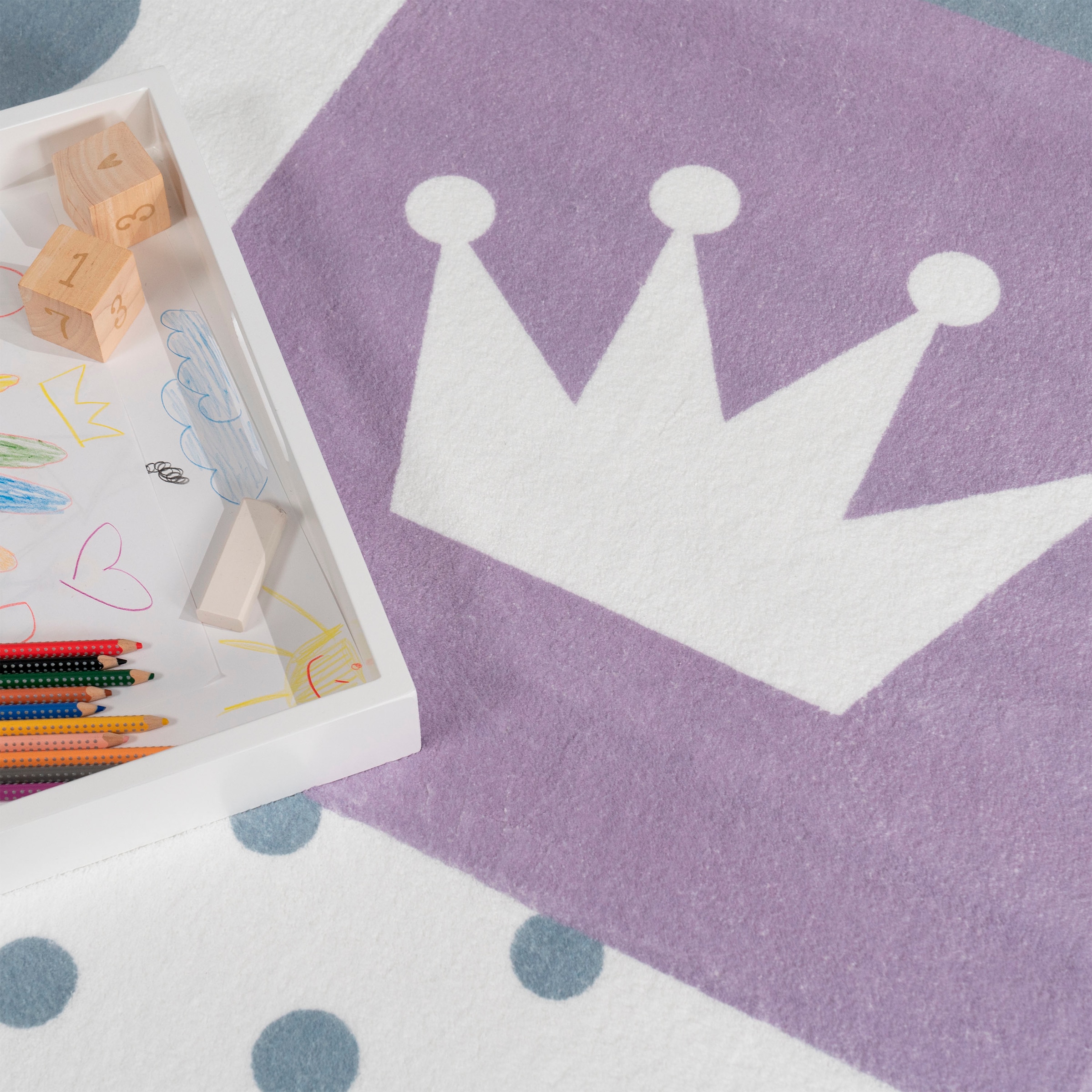 Paco Home Kinderteppich »Eliz 391«, rechteckig, 12 mm Höhe, Kurzflor, Spielteppich, Patchwork-Muster, Motiv Krone, Herz & Punkte