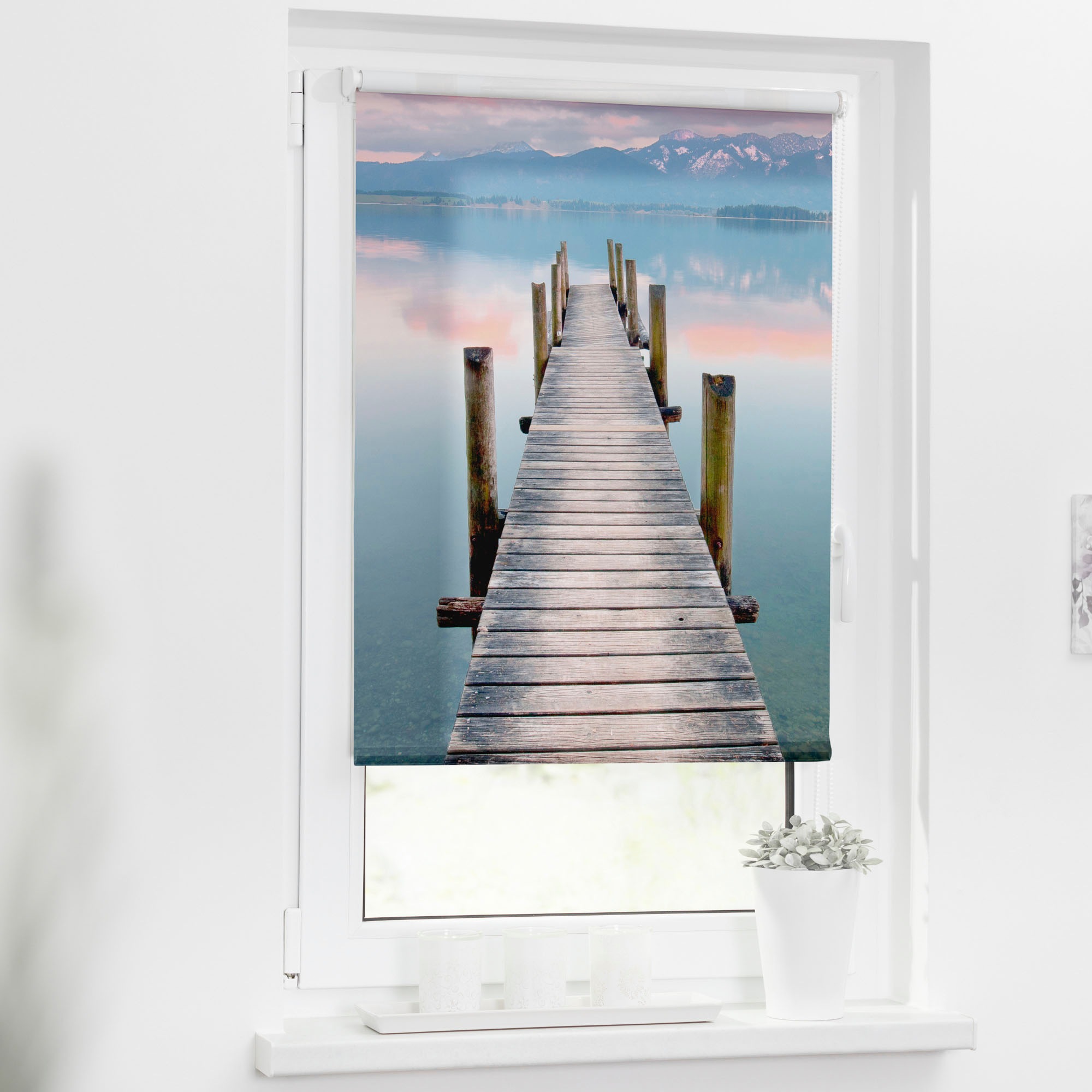 Rollo Steg Abendstimmung blau B/L: ca. 45x150 cm günstig online kaufen