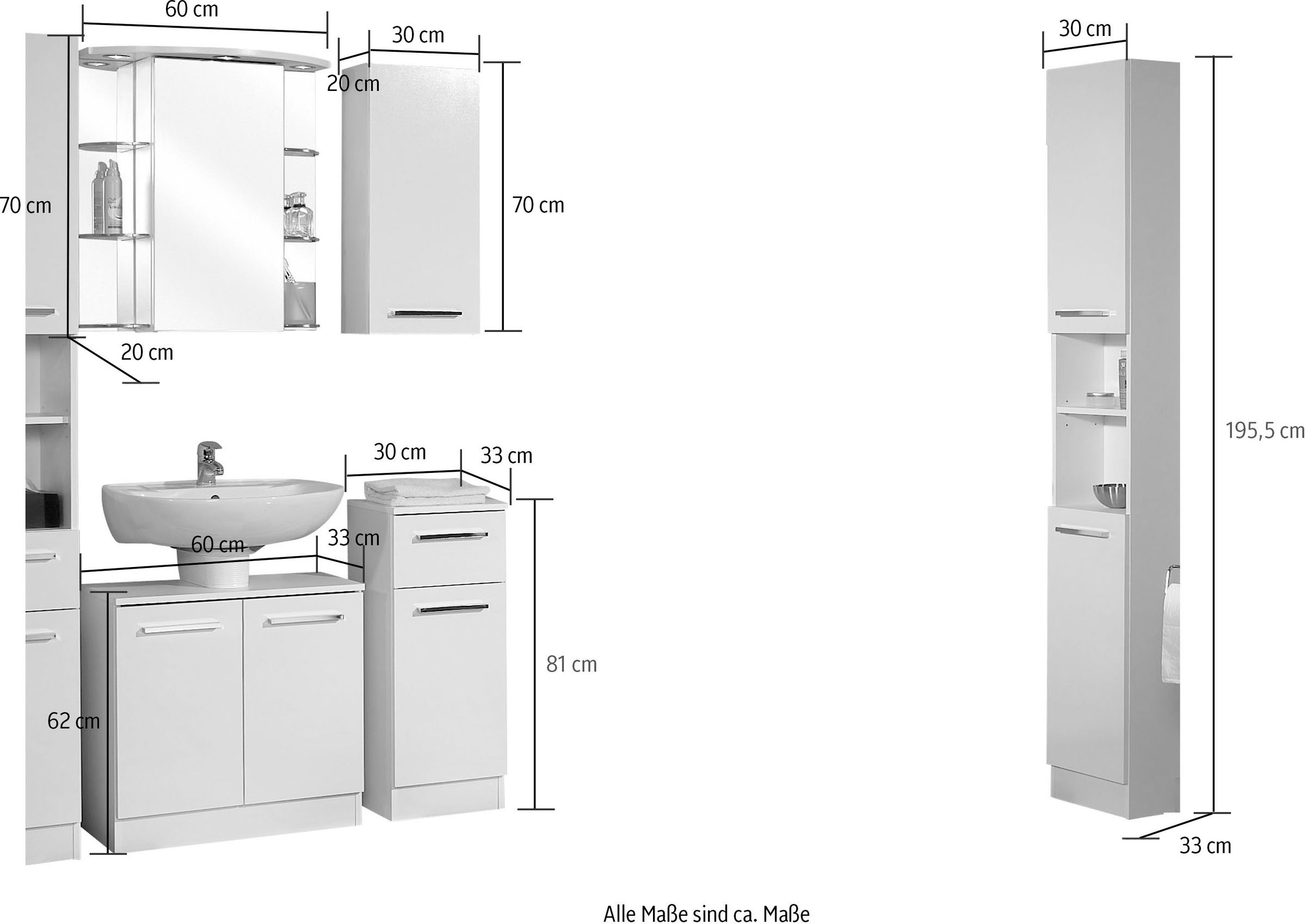Saphir Badmöbel-Set »Quickset 335 5-teilig, Waschbeckenunterschrank mit LED-Spiegelschrank« 5 Stk. tlg.