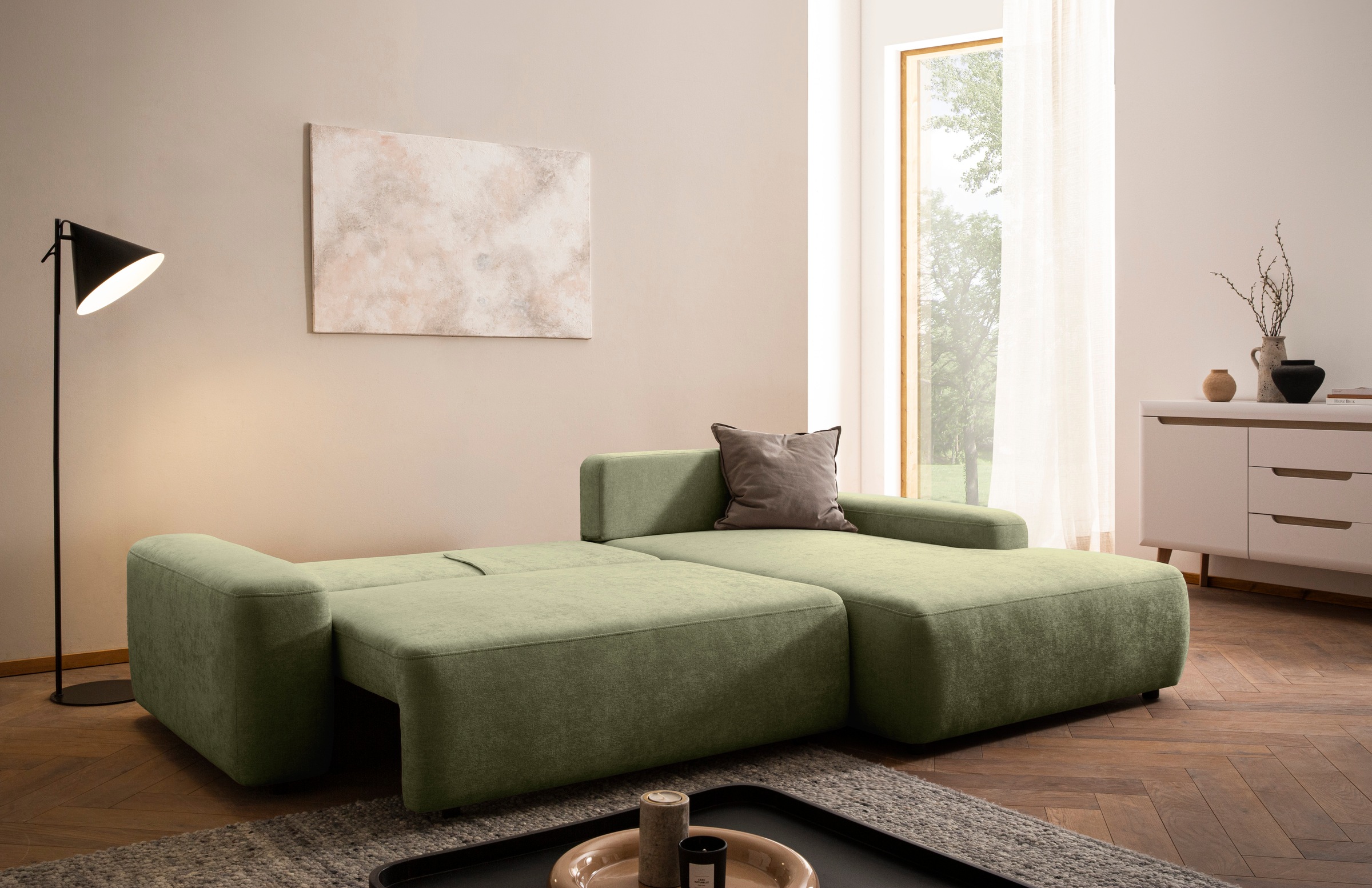 INOSIGN Ecksofa »TORGE (264cm), Schlafsofa in Cord, Samtvelours o Struktur fein, L-Form«, Schlaffunktion, Bettkasten, Liegefläche: 125/210 cm
