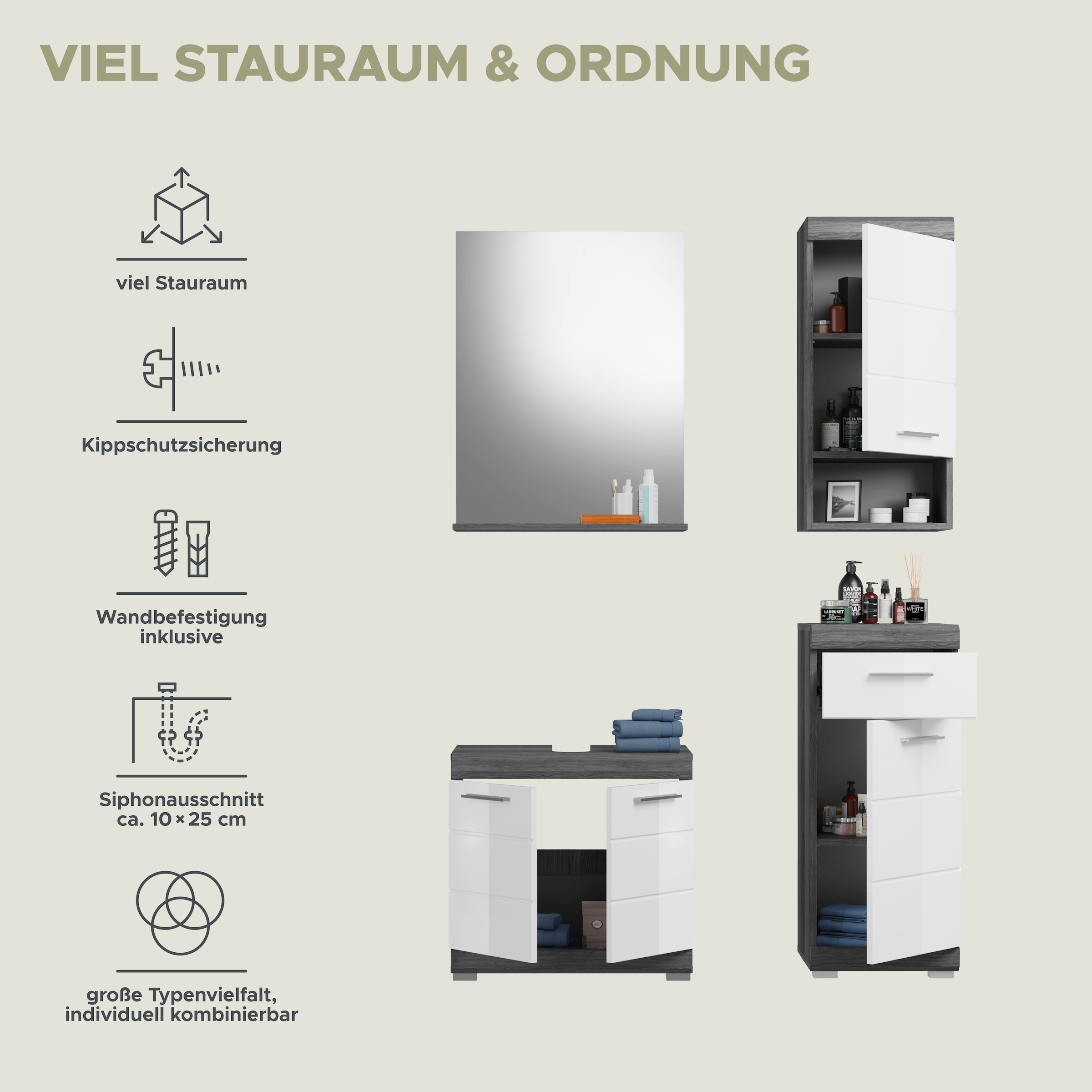 INOSIGN Badmöbel-Set »Siena, 4 teilig, bestehend aus:«, (Set, 4 St.), Waschbeckenunterschrank, Spiegel, Unterschrank, Hängeschrank
