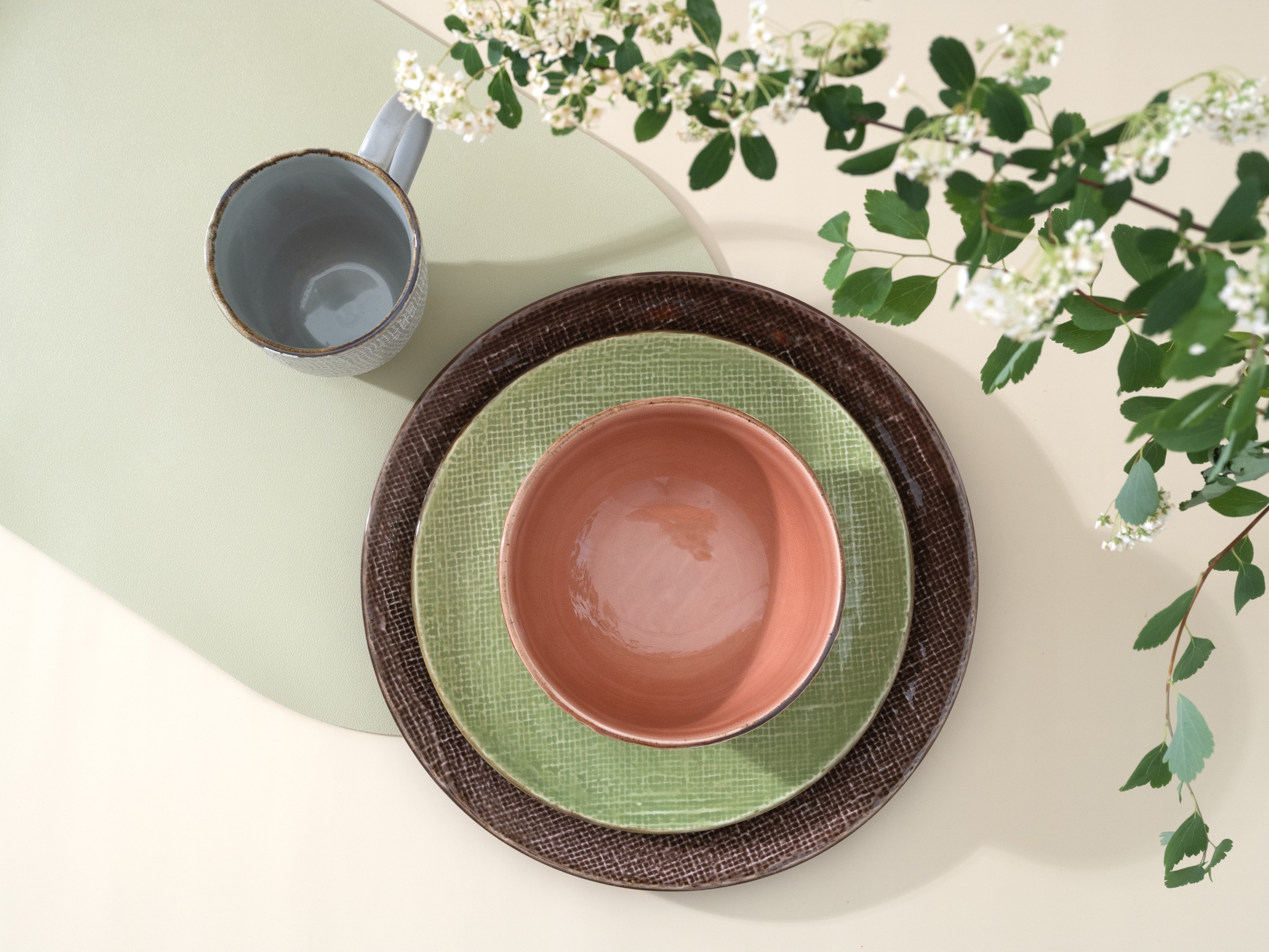 CreaTable Kombiservice »Geschirr-Set Canvas«, (Set, 16 tlg., Kaffeeservice und Tafelservice im Set, für 4 Personen), Service, Leinenstruktur, mediterrane Farben, 16 Teile, für 4 Personen