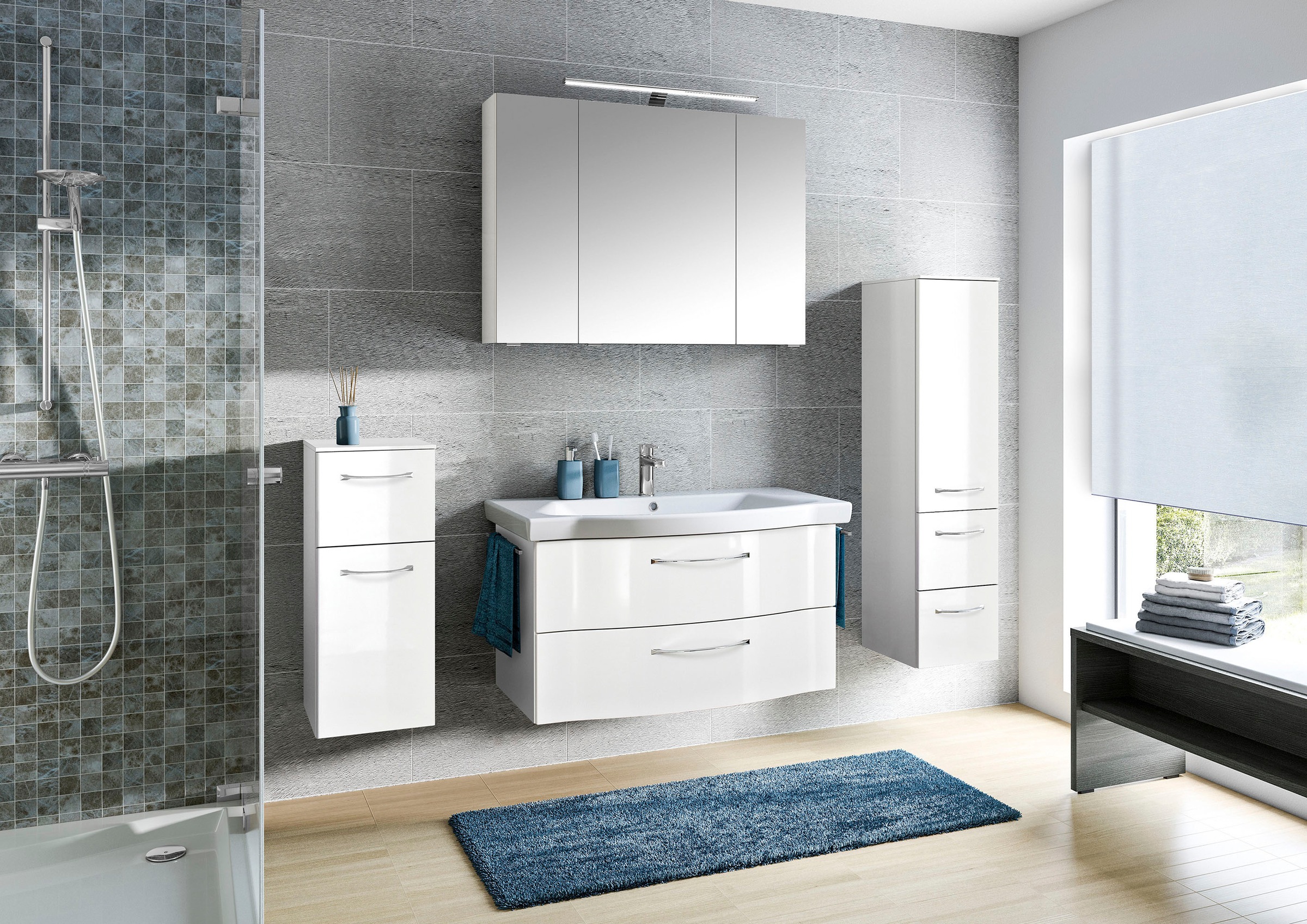 Saphir Badmöbel-Set »6005 Sprint 4-teilig, Keramik-Waschtisch mit LED-Spiegelschrank«, (5 St.), Unterschrank, Midischrank, inkl. Türdämpfer, 5 Türen, 5 Schubladen