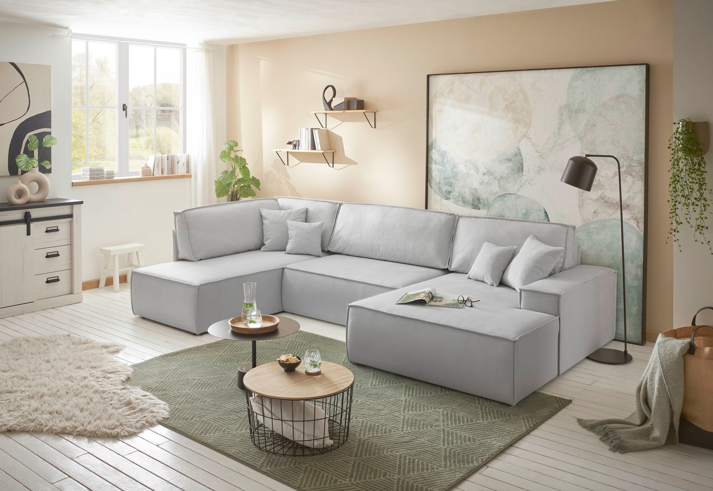 andas Wohnlandschaft »FINNLEY U-Form XXL 329 cm, Schlafsofa, Schlaffunktion m. Bettkasten«, (194/139 cm), Bouclé, Struktur und Cord