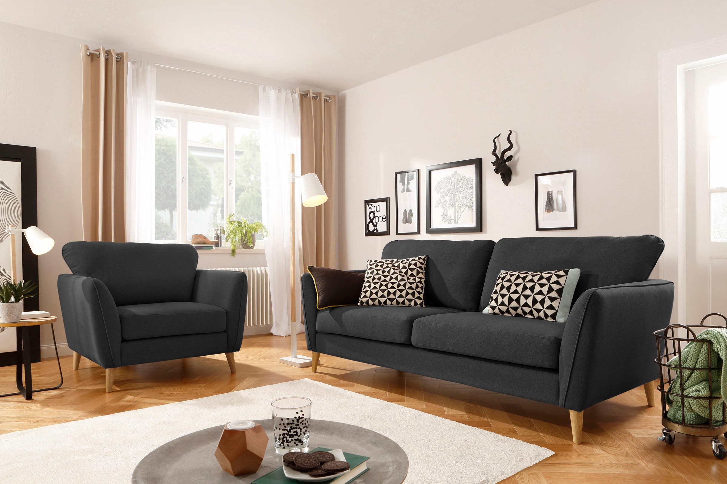 Home affaire 3-Sitzer »MARSEILLE 3er Sofa 206 cm, Cord, Flachgewebe, Struktur, Webstoff«, Massivholzbeine Eiche, Landhausstil, Wellenunterfederung
