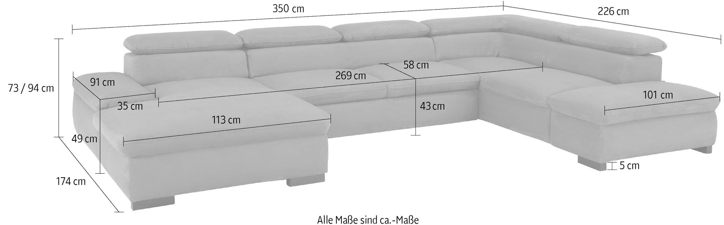 Home affaire Wohnlandschaft »Alberto U-Form«, mit Kopfteilverstellung, wahlweise mit Bettfunktion