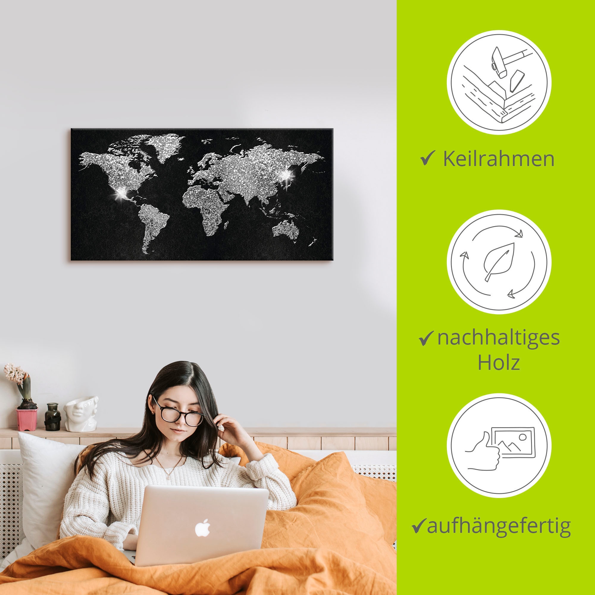 Artland Wandbild »Weltkarte Glitzer«, Land- & Weltkarten, (1 St.), als Alubild, Outdoorbild, Leinwandbild, Poster, Wandaufkleber