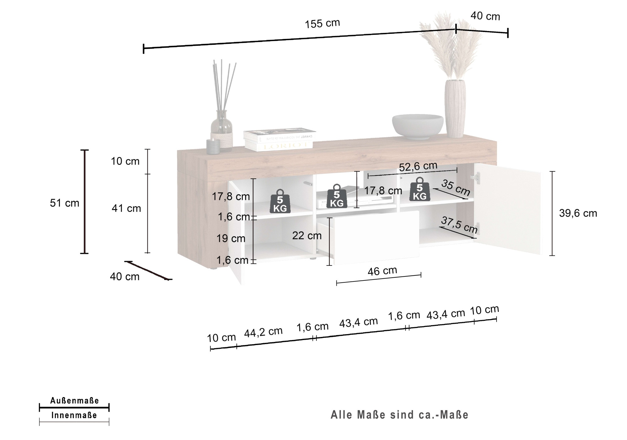 INOSIGN Lowboard »CHRONOS Breite 155 cm mit 2 Türen, 1 Schublade,1 offenes Fach«, (1 St.), TV-Board, Sideboard niedrig, Grifflos mit Push to Open 'Made in Italy'