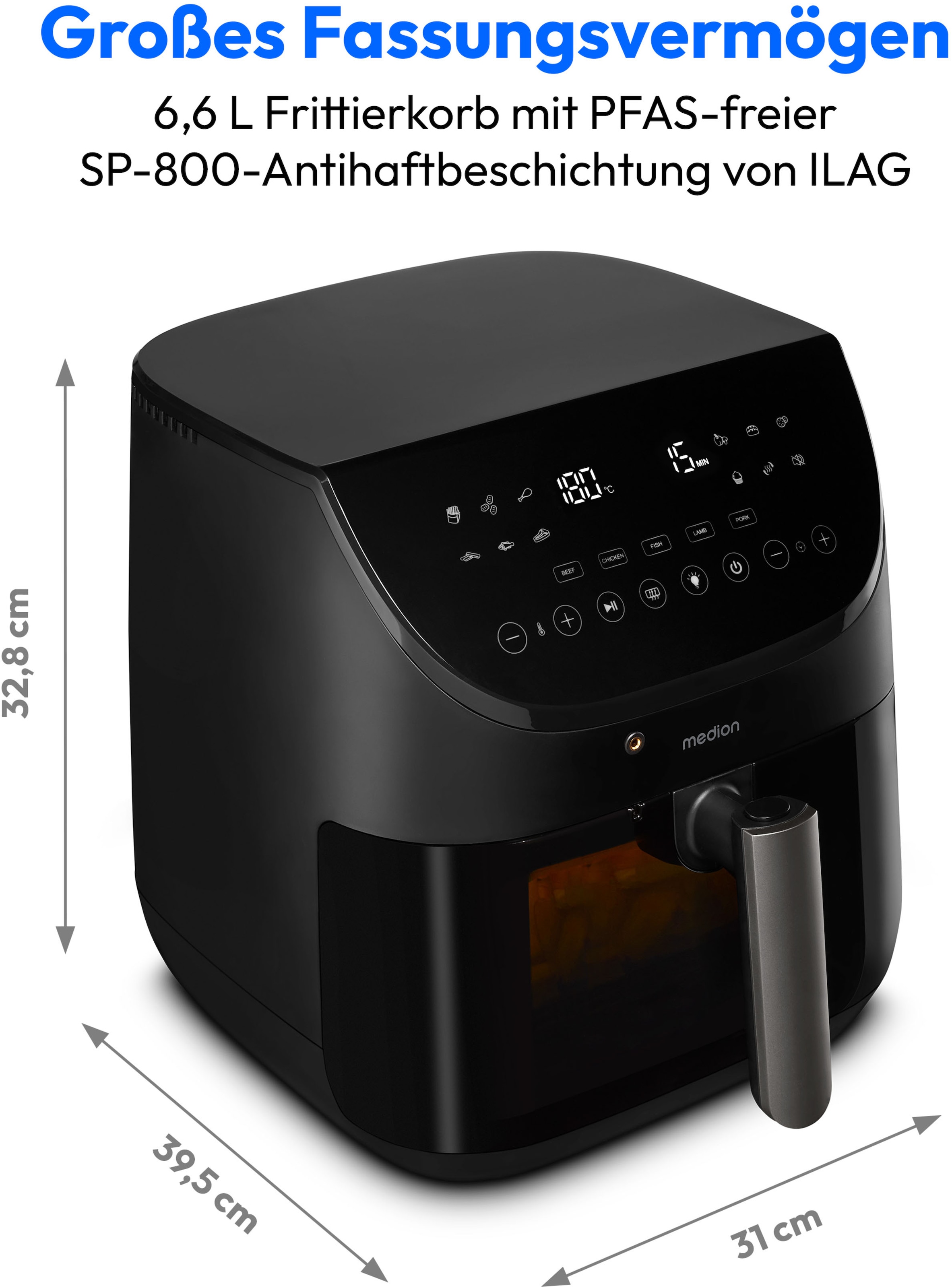 Medion® Heißluftfritteuse »MD13060« 1700 W Temperaturfühler, DC-Motor, leiser Betrieb, PFAS-freie SP
