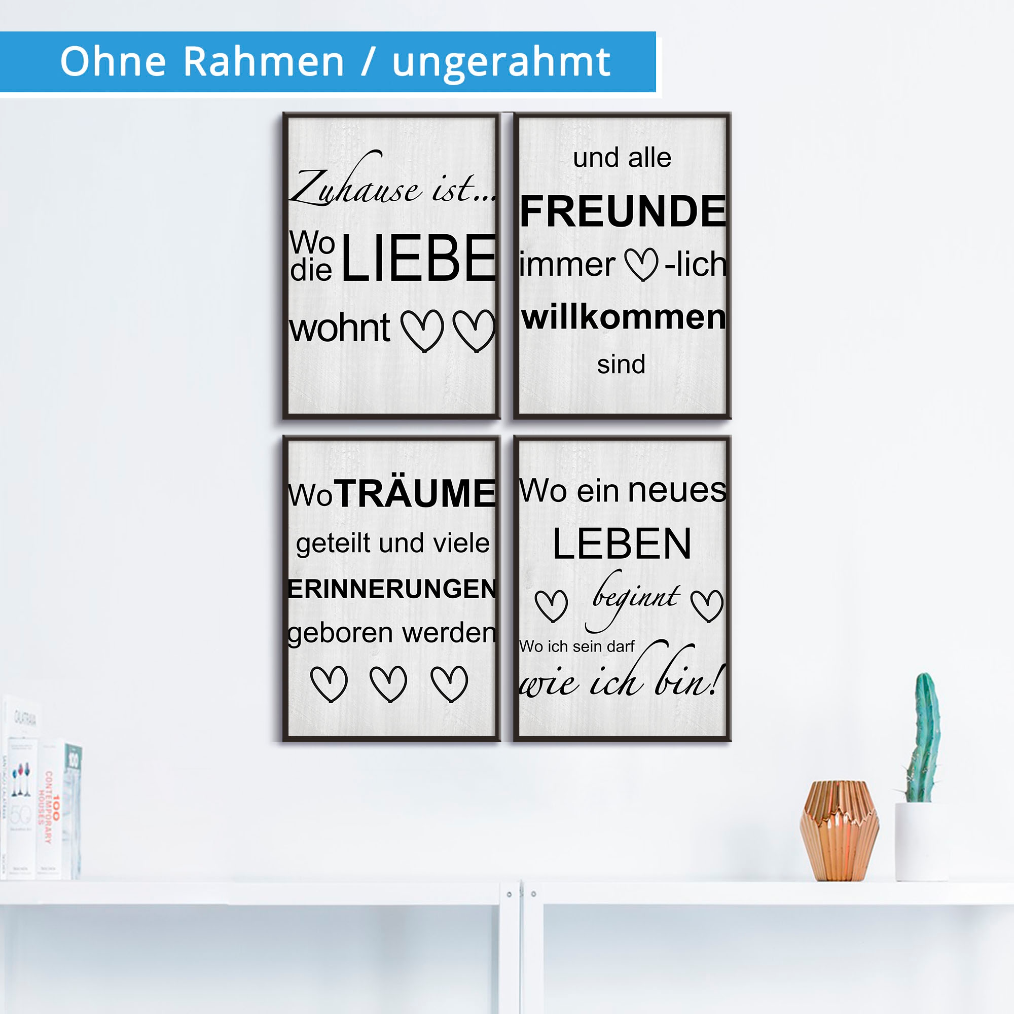 Artland Poster »Wo die Liebe wohnt 1-4«, Sprüche & Texte, (4 St.), Poster, Wandbild, Bild, Wandposter