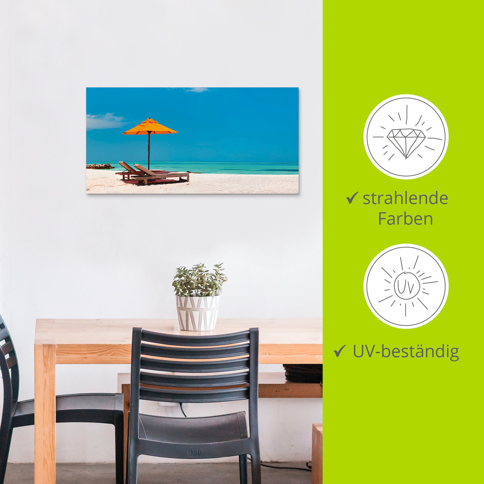 Artland Wandbild »Liegestuhl Sonnenschirm Strand Malediven«, Strand, (1 St.), als Alubild, Outdoorbild, Leinwandbild, Poster, Wandaufkleber