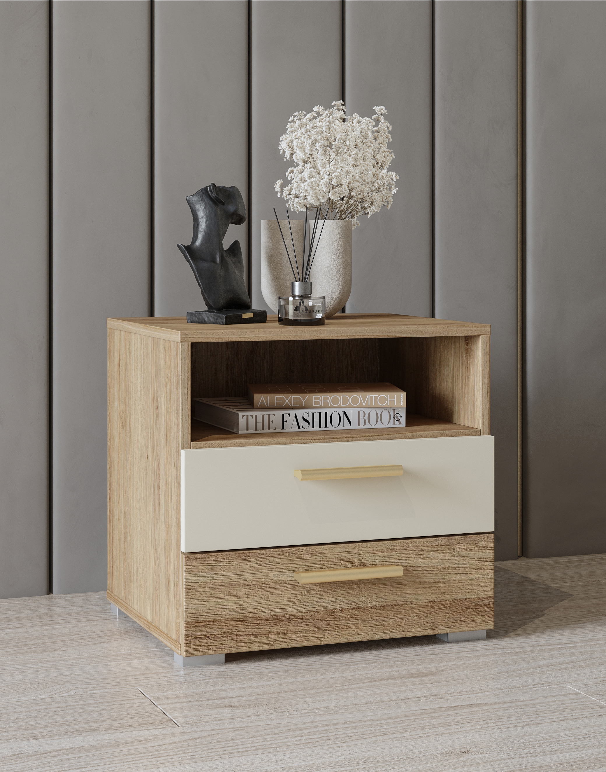 Home affaire Nachtkommode »Bitry, Breite 46 cm, moderner Nachtschrank mit 2 Schubladen«, Nachttisch, viel Stauraum, offene Fach