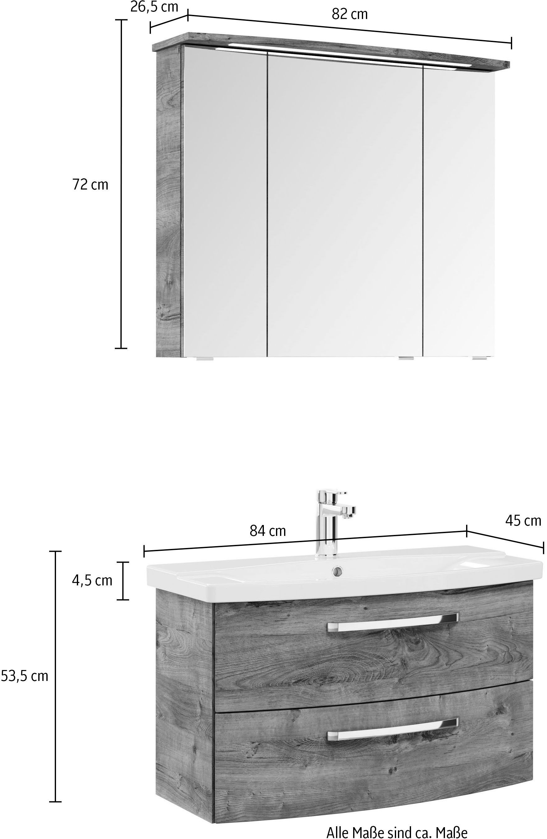 Saphir Badmöbel-Set »Serie 4010 2-teilig Keramik-Waschtisch mit LED-Spiegelschrank«, (Set), Badezimmer Set 84 cm breit, inkl. Türdämpfer, 3 Türen, 2 Schubladen