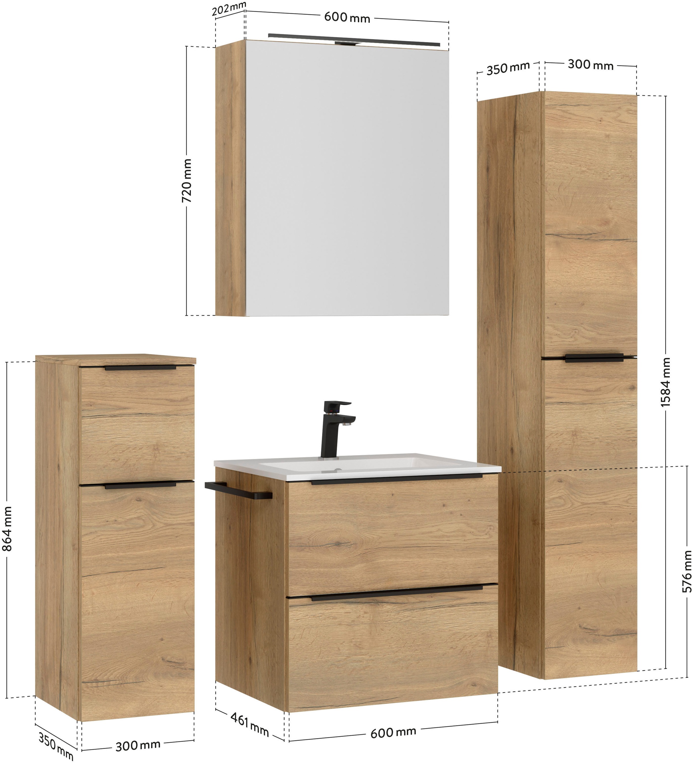 nobilia® Badmöbel-Set »Levere«, (4 St., vormontiert, mit Soft-Close), inkl. Spiegelschrank mit Beleuchtung und Dimmerfunktion, in 4 Breiten