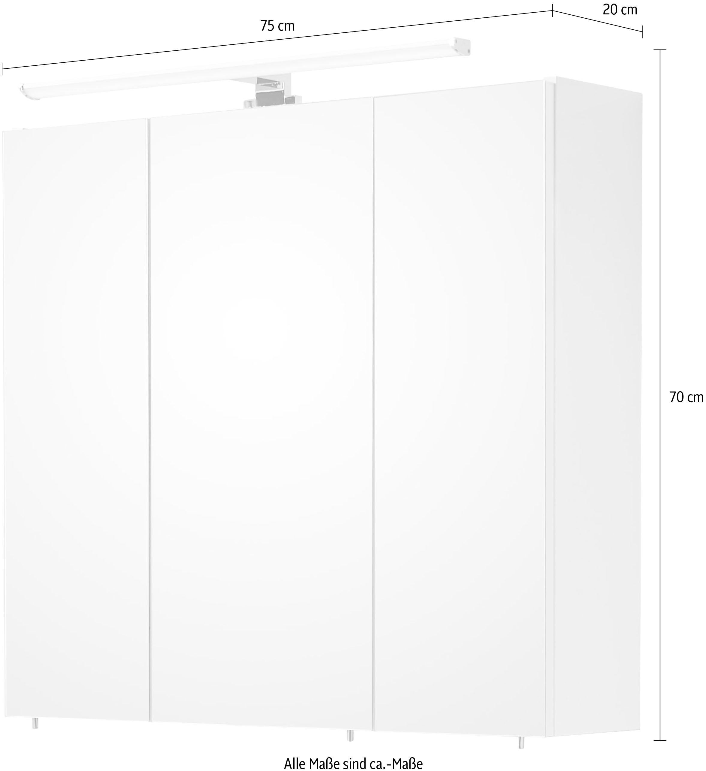 Saphir Spiegelschrank »Quickset 360 Badschrank, 3 Spiegeltüren, 6 Einlegeböden, 75 cm breit«, inkl. LED-Beleuchtung, Türdämpfer, Schalter-/Steckdosenkombination