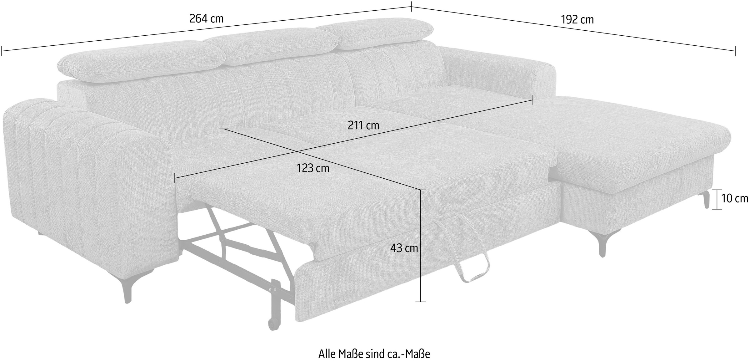WERK2 Ecksofa »Foster L-Form mit Schlaffunktion und Bettkasten, 264 cm breit« 3 verstellbare Kopfstützen & Pfeifensteppung im Retro-Look