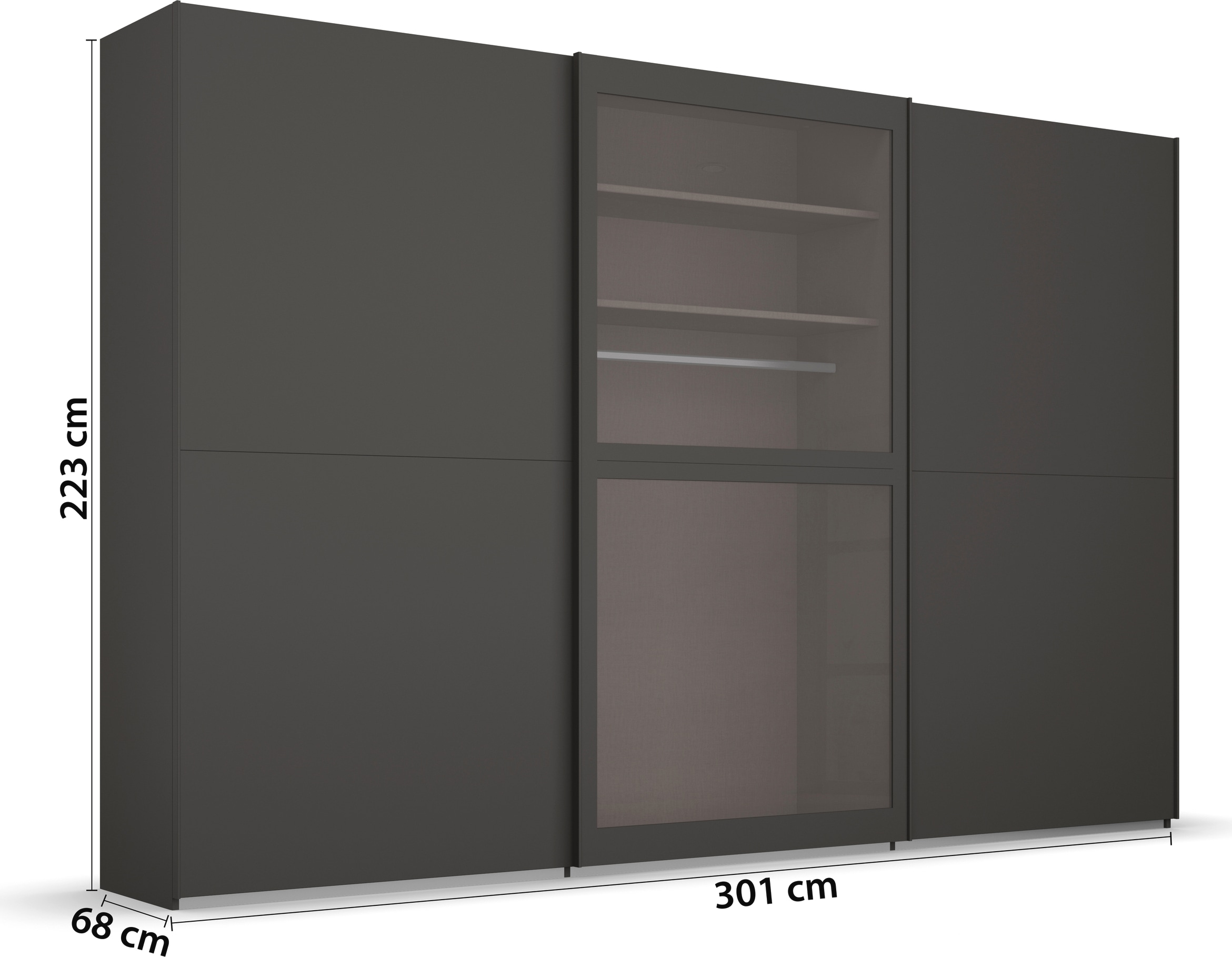 rauch Schwebetürenschrank »Kleiderschrank Schrank Garderobe Schlafzimmerschrank LUMIS«, (inkl. umfangreichem Zubehör), mit Glasrahmentüren aus transparentem Grauglas MADE IN GERMANY