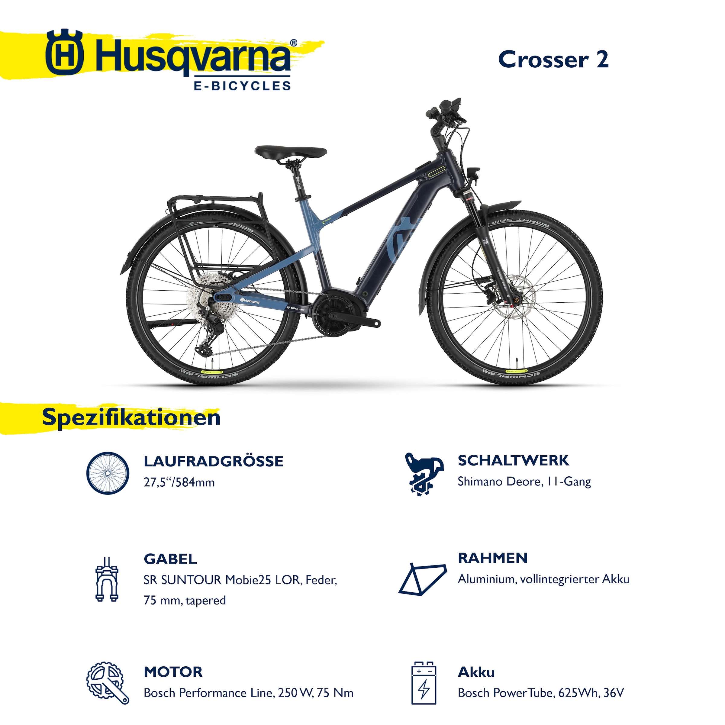 Husqvarna E-BICYCLES E-Bike »E-Trekkingbike Crosser 2«, 11 Gang, Shimano, Deore RD-M5100, Mittelmotor 250 W, (27,5 Zoll, Bosch Motor, Scheibenbremsen, mit Straßenzulassung), Pedelec, Elektrofahrrad für Herren u. Damen