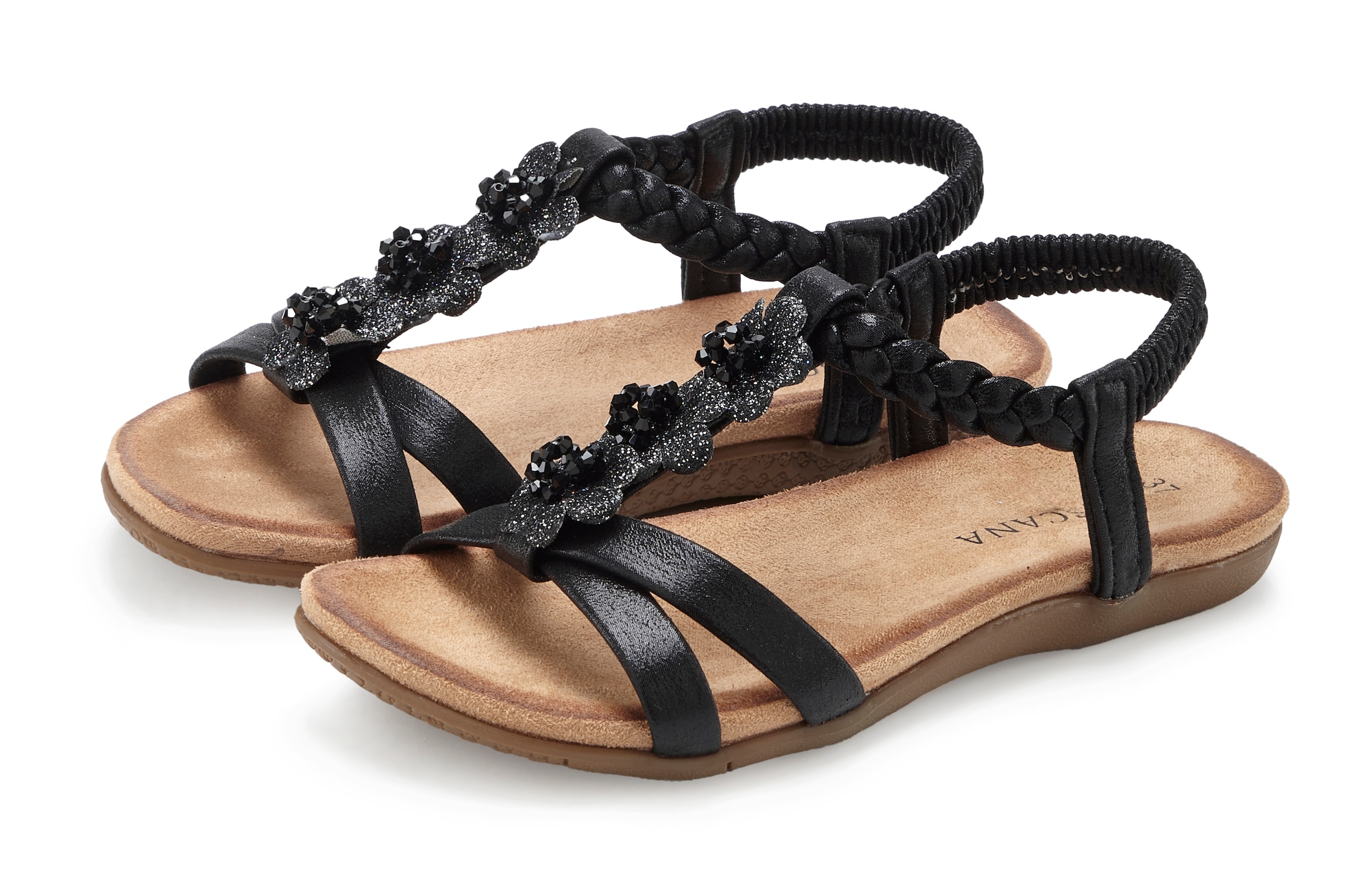 LASCANA Sandale »Sommerschuh, Sandalette, offener Schuh,«  mit eleganten Schmucksteinchen und elastischem Riemchen