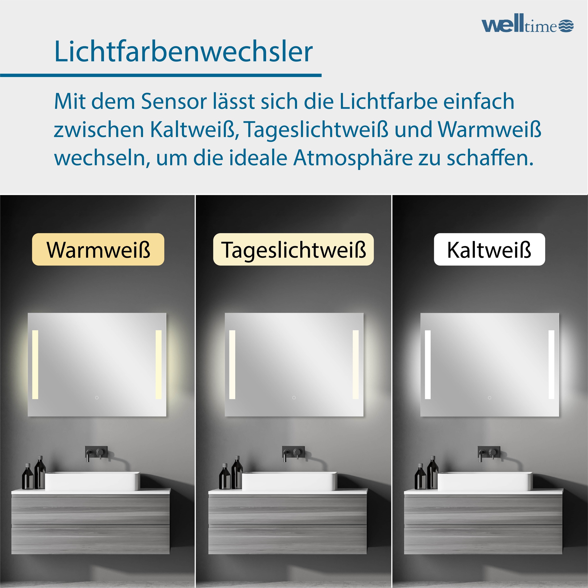 welltime LED-Lichtspiegel »Plaza«, mit Lichtfarbenwechsler und Dimmschalter, in verschiedenen Größen