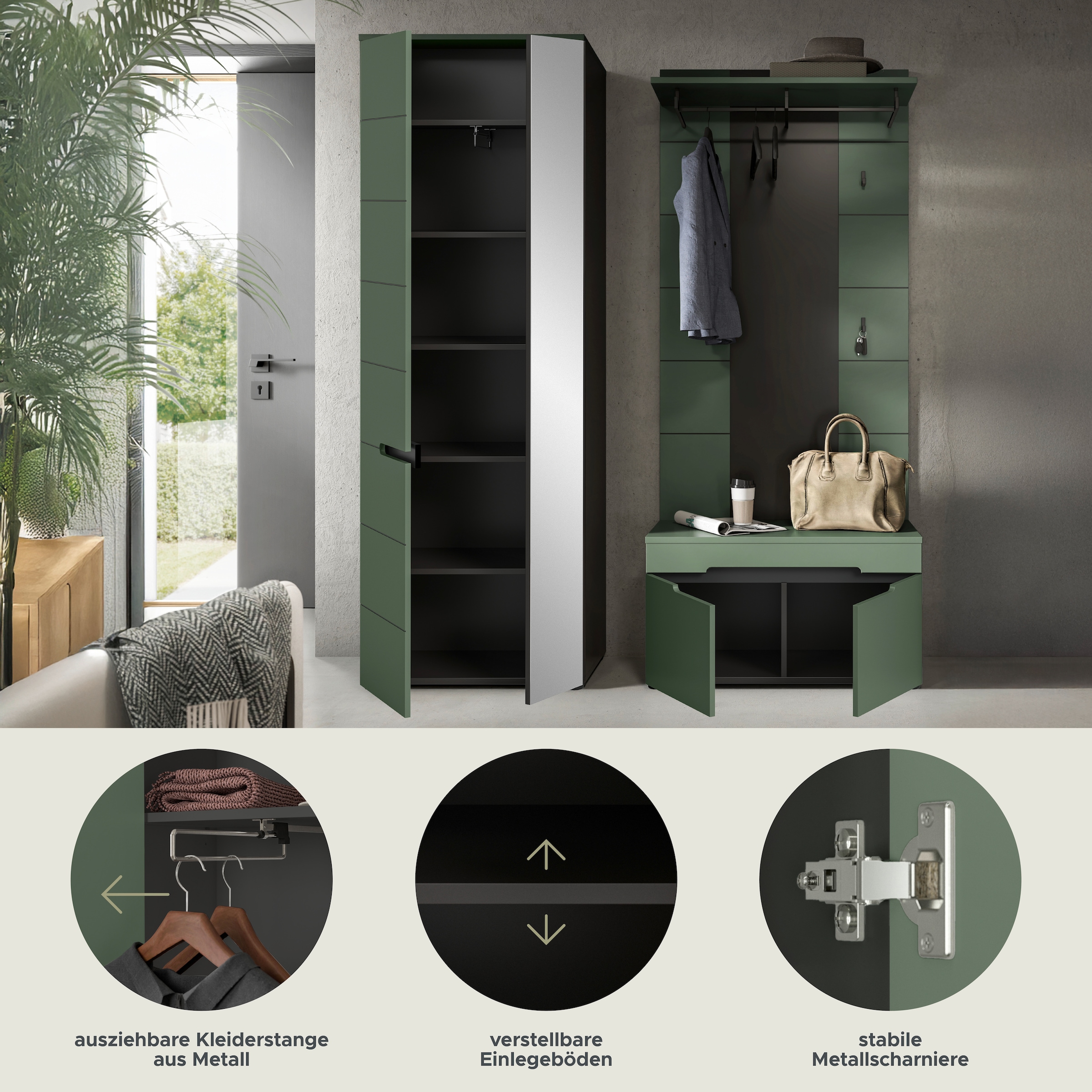 Home affaire Garderoben-Set »REHAT, TOPSELLER!, 3-teilig, Breite 160 cm, individuell erweiterbar« Set, bestehend aus: Garderobenschrank, Sitzbank und Paneel, 3 Stk. tlg.