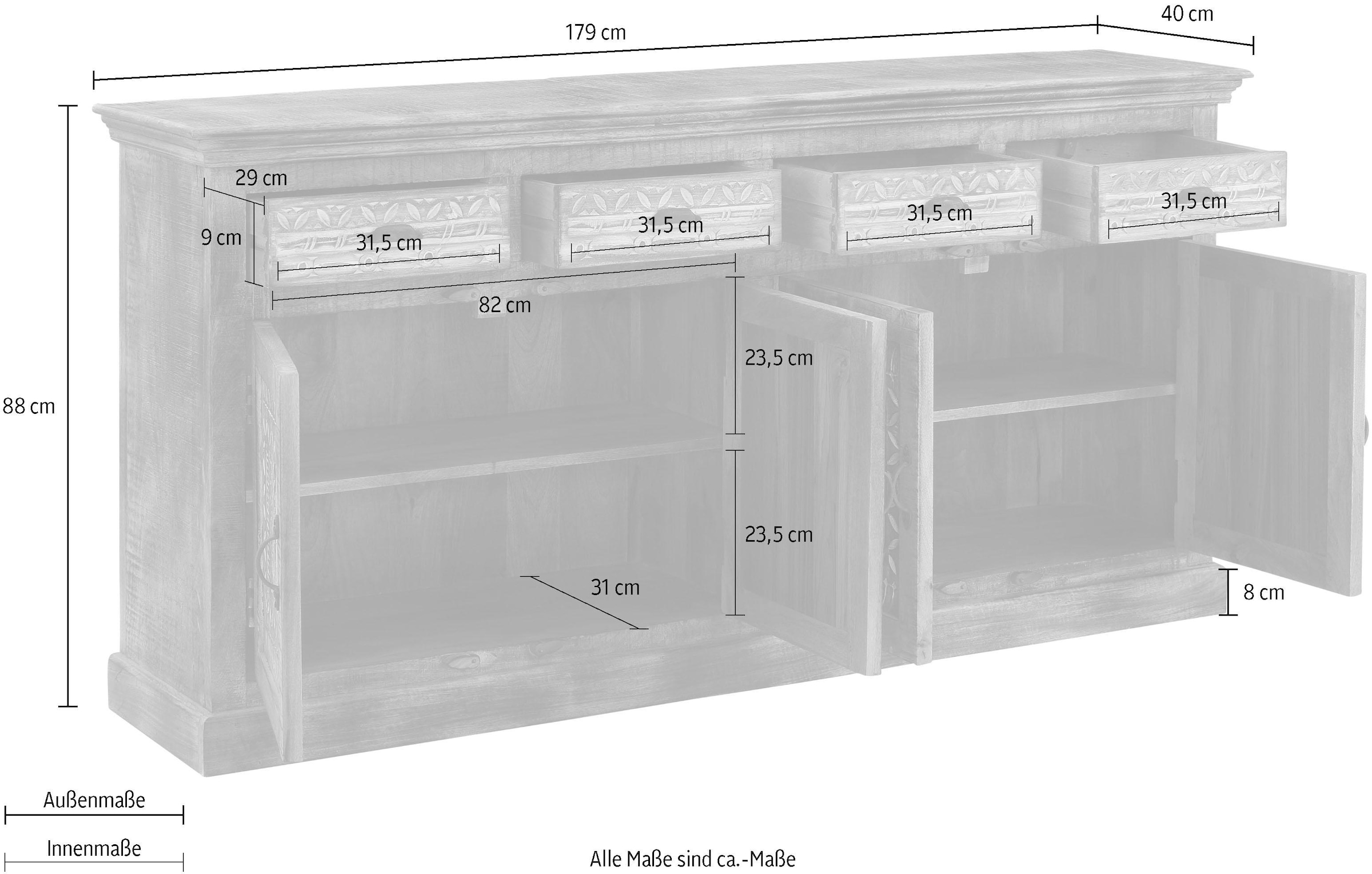 Home affaire Sideboard »Maneesh«, Kommode aus massivem Mangoholz, viele Stauraummöglichkeiten, B/ 179cm