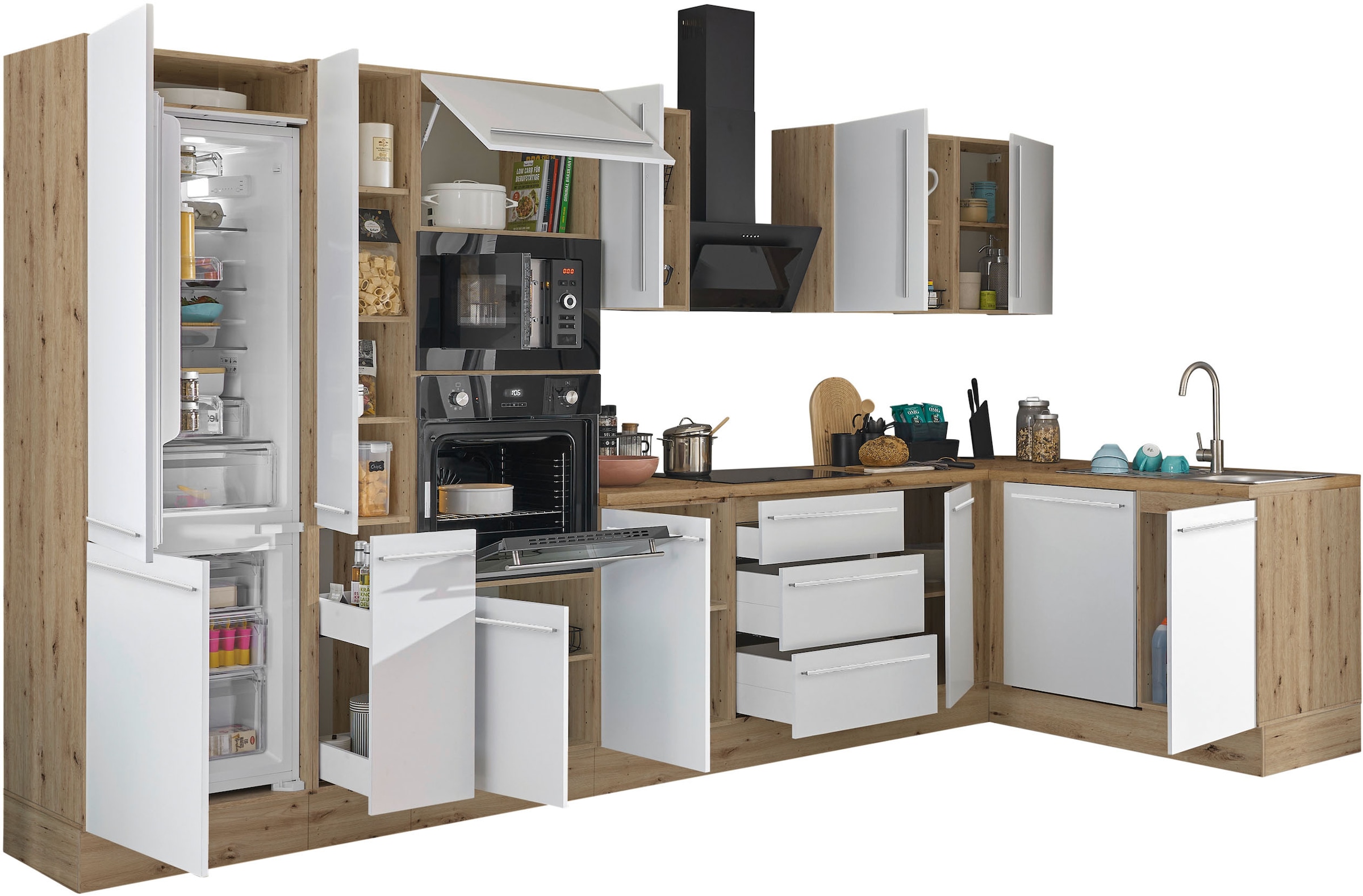 KOCHSTATION Winkelküche »Florida, Stellbreite 370x175 cm«, wahlweise mit E-Geräten, mit Softclose für Türen und Schubkästen