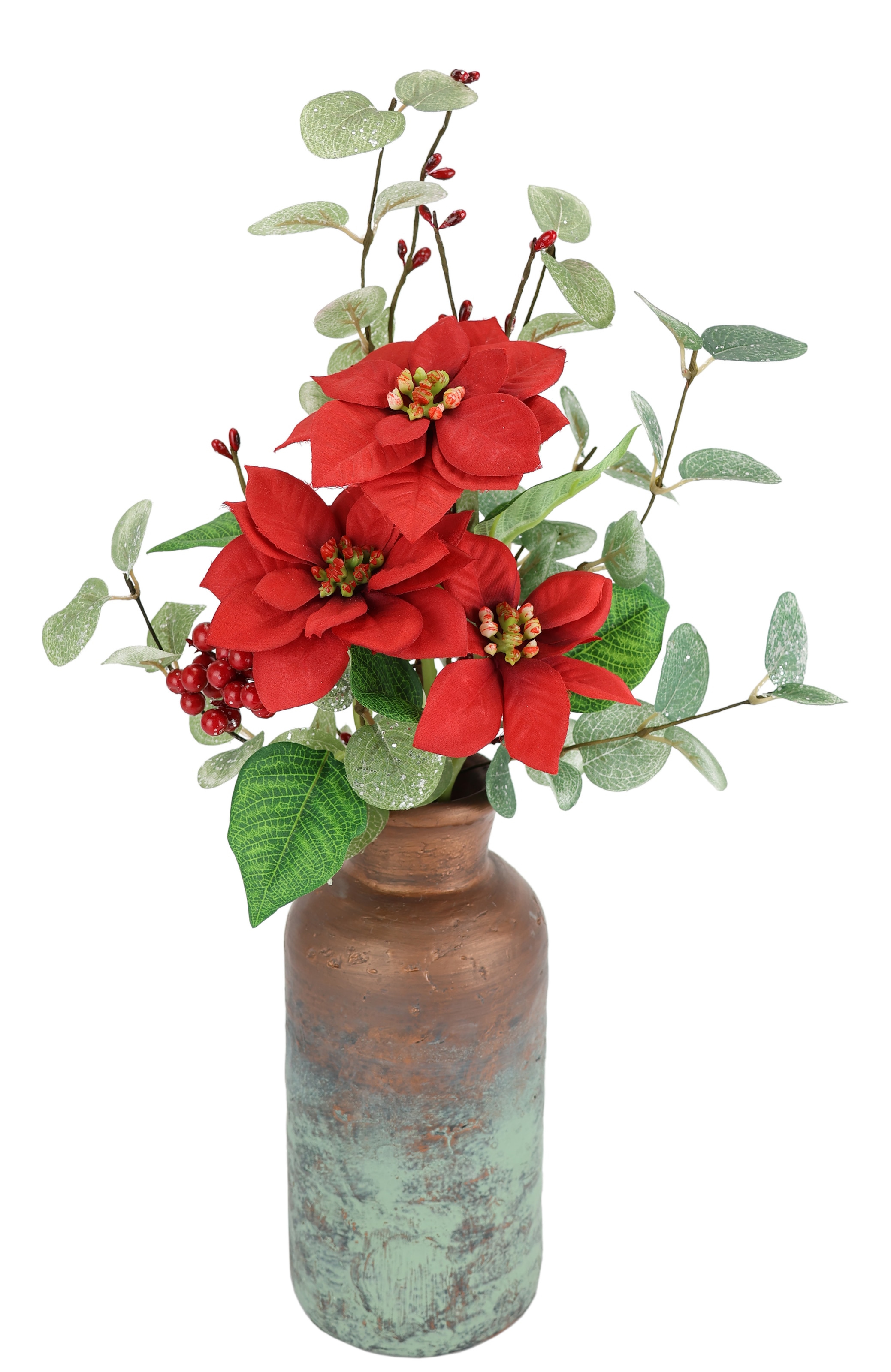 I.GE.A. Winterliche Kunstpflanze »Gesteck mit Poinsettia in Keramikvase, mit Eukalyptuszweigen«, Kunstblumen Arrangement, Weihnachtsdeko