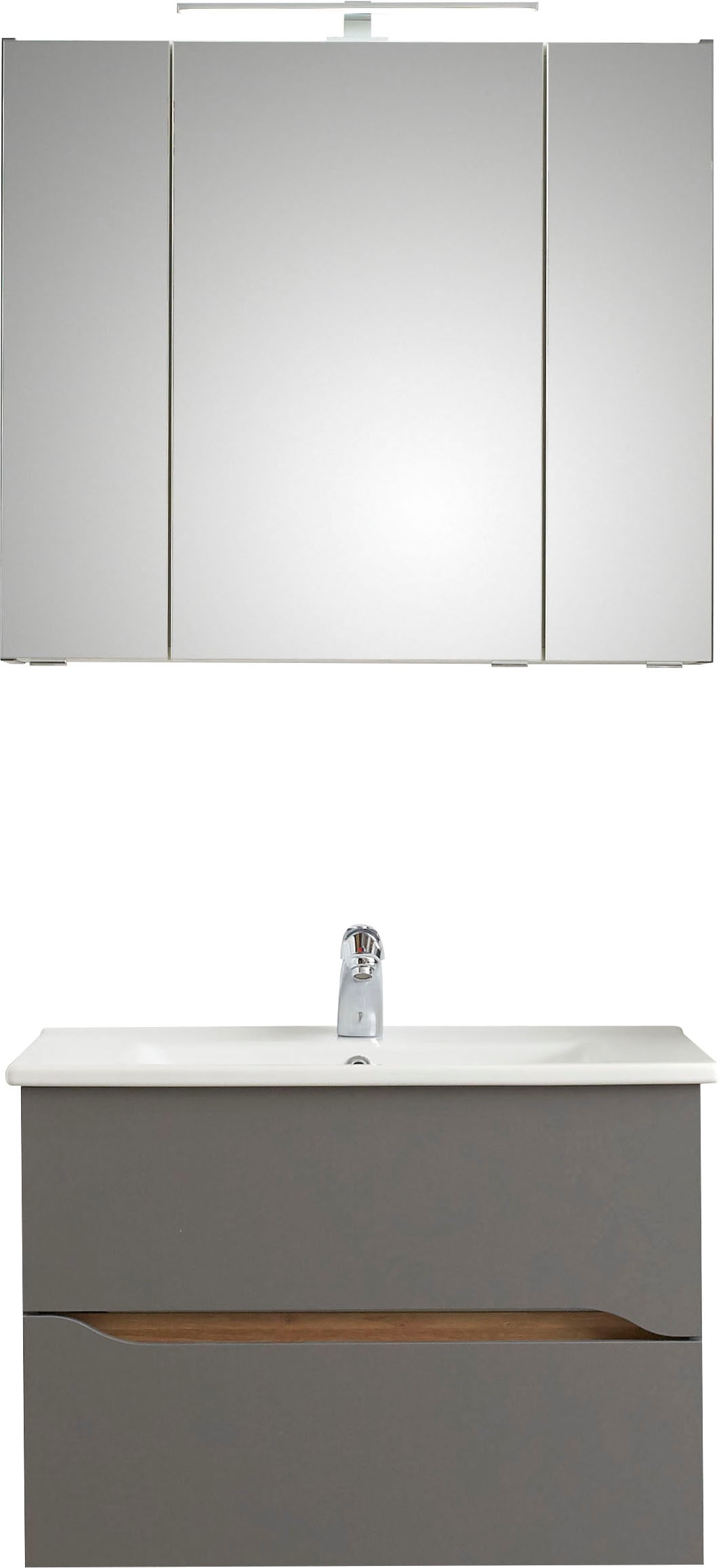 Saphir Badmöbel-Set »Quickset 2-teilig, Keramikwaschtisch mit LED-Spiegelschrank«, (2 St.), 80 cm breit, 2 Schubladen, 3 Spiegeltüren, 6 Einlegeböden