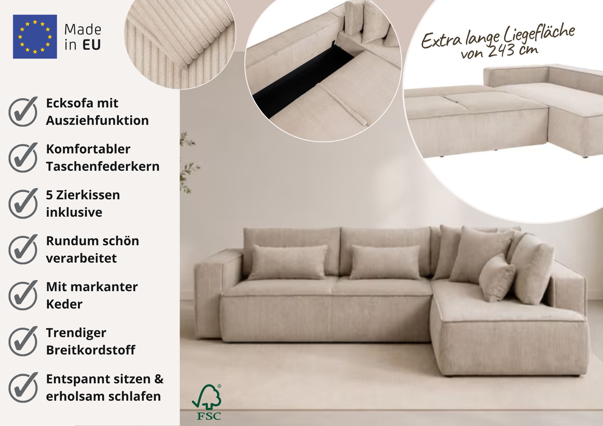 OTTO home Ecksofa »Tillian, Schlafsofa« Breite 294 cm, Breitkord, Sitzfläche mit Taschenfederkern