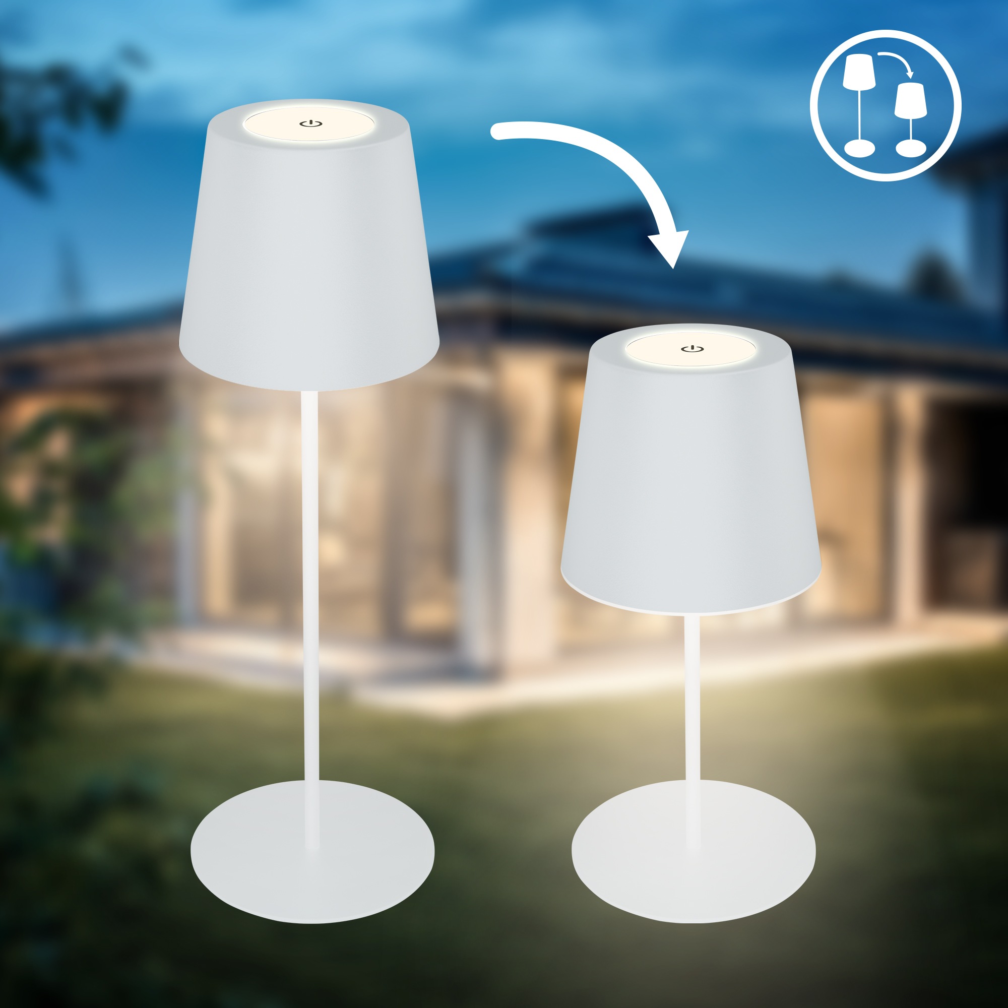 B.K.Licht Außen-Tischleuchte »BK_TL1594 Akku LED Tischlampe, 3-Stufen Touchdimmer, mit USB«, 1 flammig, Leuchtmittel LED-Modul | LED fest integriert, 2.700 K, 200 Lm, 2,5W, IP44, 12h Leuchtdauer, 36 x 10,5 cm, Weiß