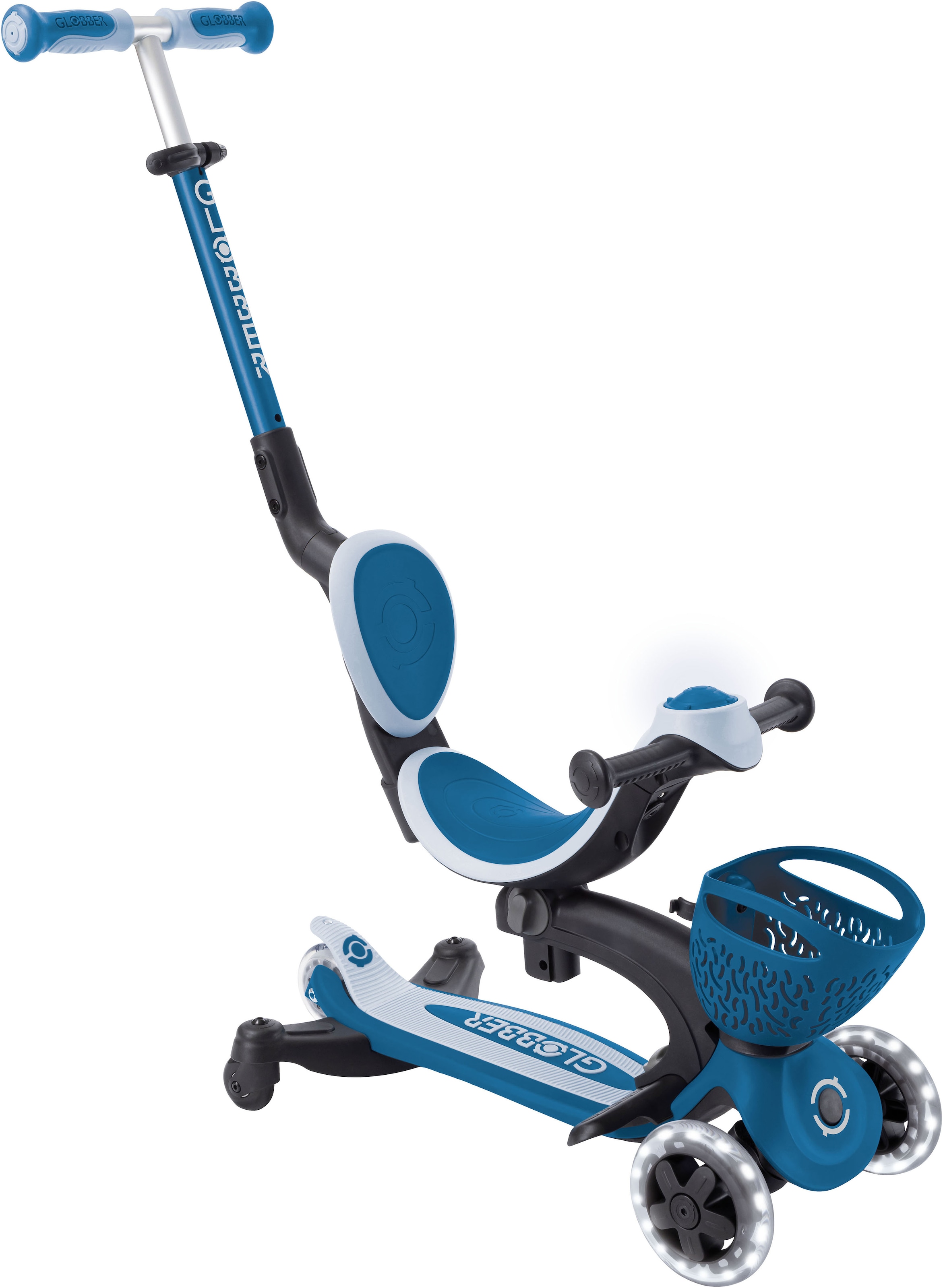 Globber Tretroller »GO-UP BABY 360 LIGHTS, mit Leuchtrollen und Leuchtmodul« Aufsitzrad, Laufrad und Scooter in Einem