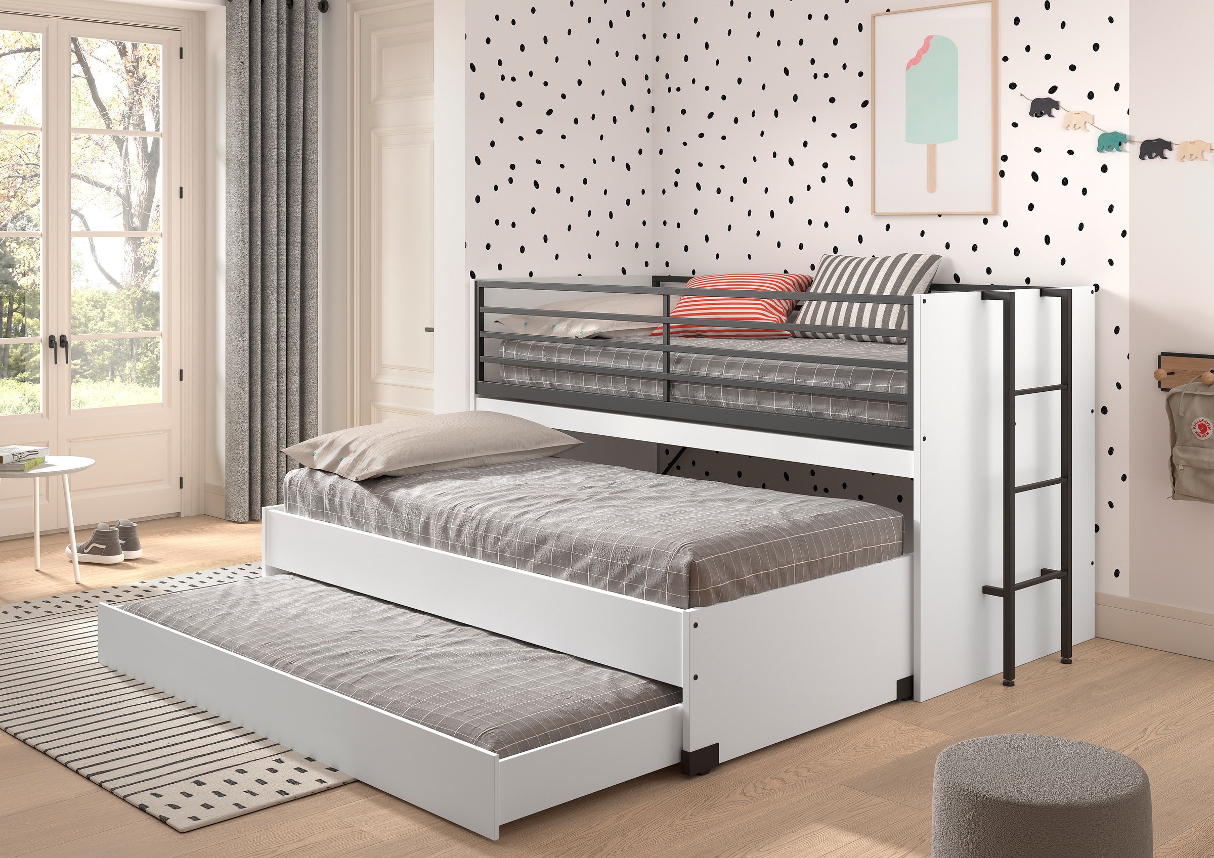 Home affaire Etagenbett, (Made in Europe), für kleine Räume, 2 Liegefl., Bettschublade, inkl. Schreibtisch, Dekor