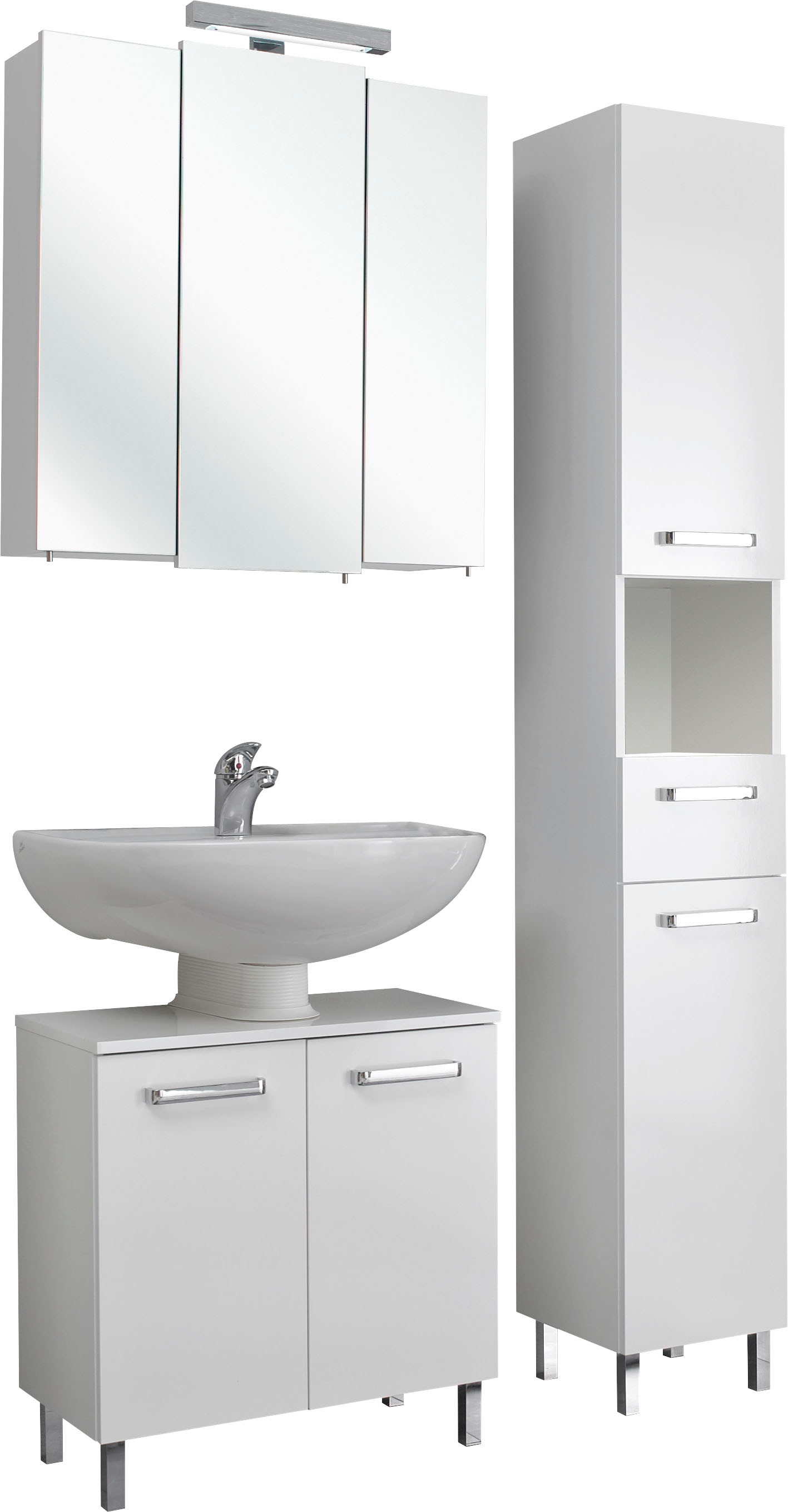 Saphir Badmöbel-Set »Quickset 3-teilig, Waschbeckenunterschrank mit LED-Spiegelschrank«, (3 St.), Waschplatz mit Hochschrank, 7 Türen, 1 Schublade, inkl. Türdämpfer