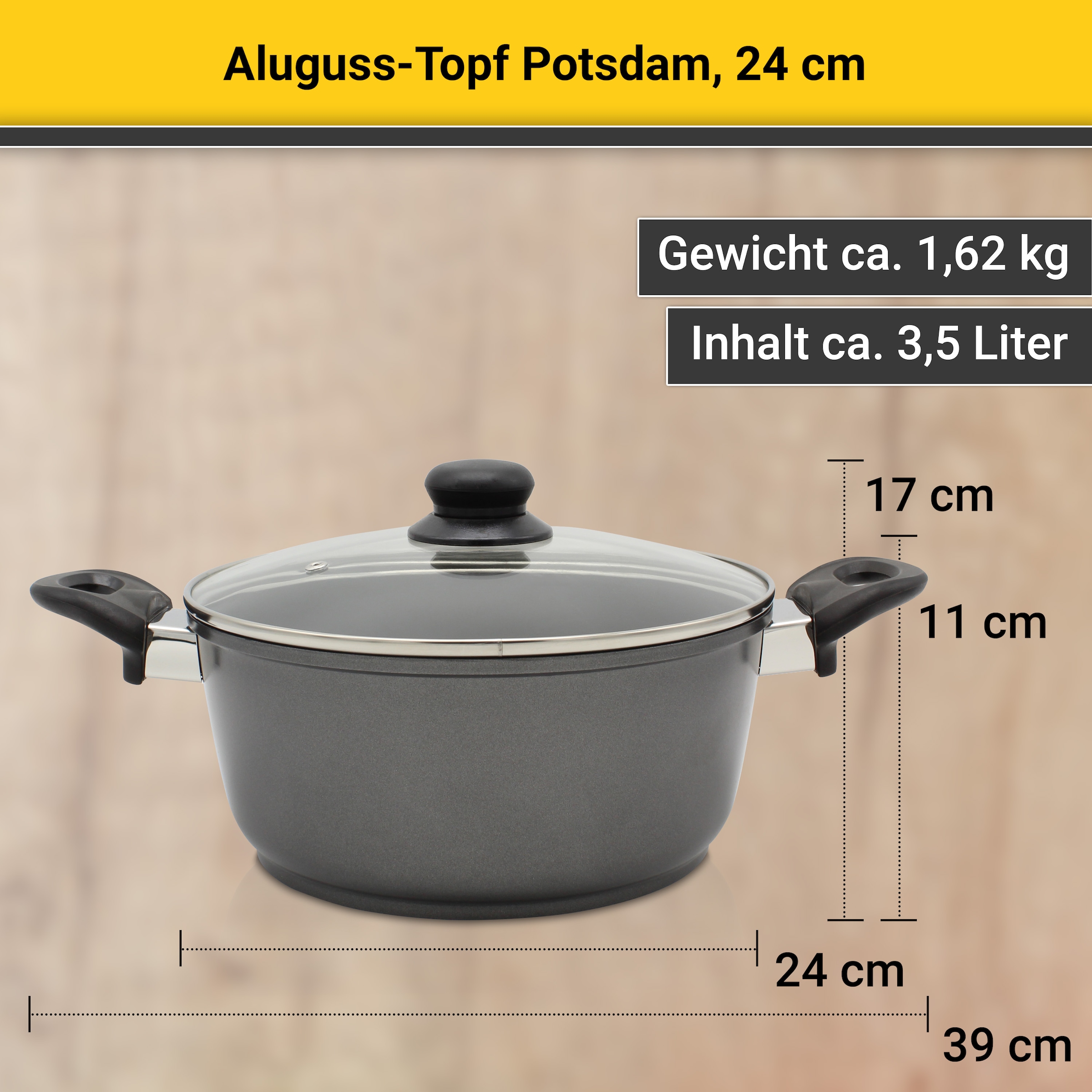 Krüger Fleischtopf »Aluguss Topf mit Glasdeckel Potsdam«, Aluminiumguss, (1 tlg.), für Induktions-Kochfelder geeignet