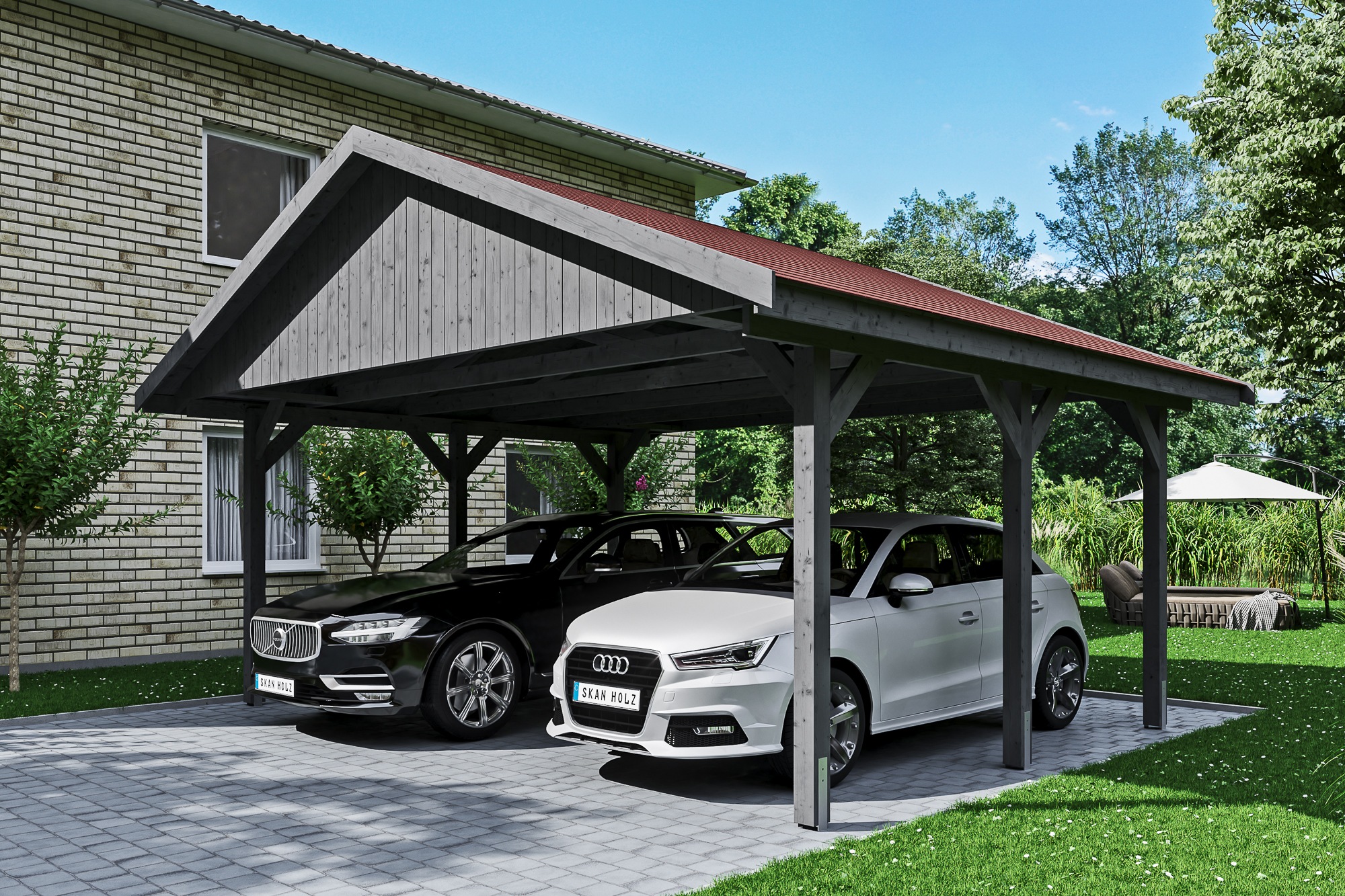 Skanholz Doppelcarport »Wallgau«, 530 cm, Schiefergrau, mit roten Dachschindeln