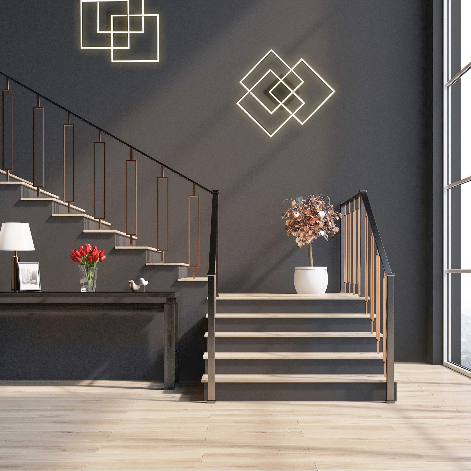 B.K.Licht LED Deckenleuchte »BK_FR1505 LED Deckenlampe, Frame, Schwenkbar, Schwarz«, 1 flammig, Leuchtmittel LED-Modul | LED fest integriert, 3-flammig, 3000 K warmweißes Licht, 568x568x95 mm (LxBxH)