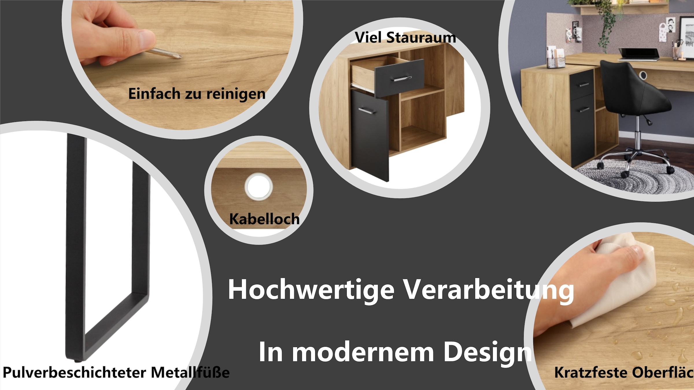 Places of Style Eckschreibtisch »Moid, Computertisch, Kabeldurchlass, mit Regalfächern,«, Schublade und Tür, flexibles Regalelement, 140x82-115 cm