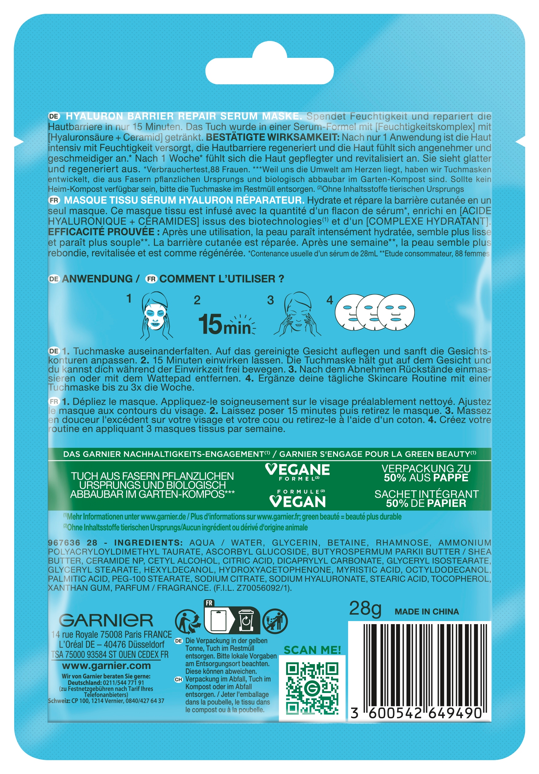 GARNIER Tuchmaske »HYALURON BARRIER REPAIR SERUM MASKE«