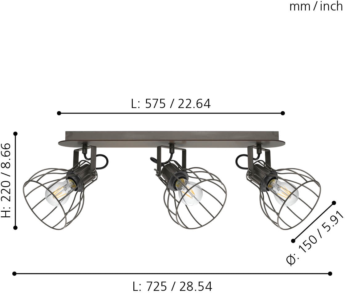 EGLO Deckenspot »SAMBATELLO Deckenstrahler, Holz und Stahl, E27, IP20, Flurlampe, Lampe«, 3 flammig, Leuchtmittel E27 | Leuchtmittel wechselbar-ohne Leuchtmittel, Spot - L57,5 x B9 cm - braun, silber - 3X40W exkl.