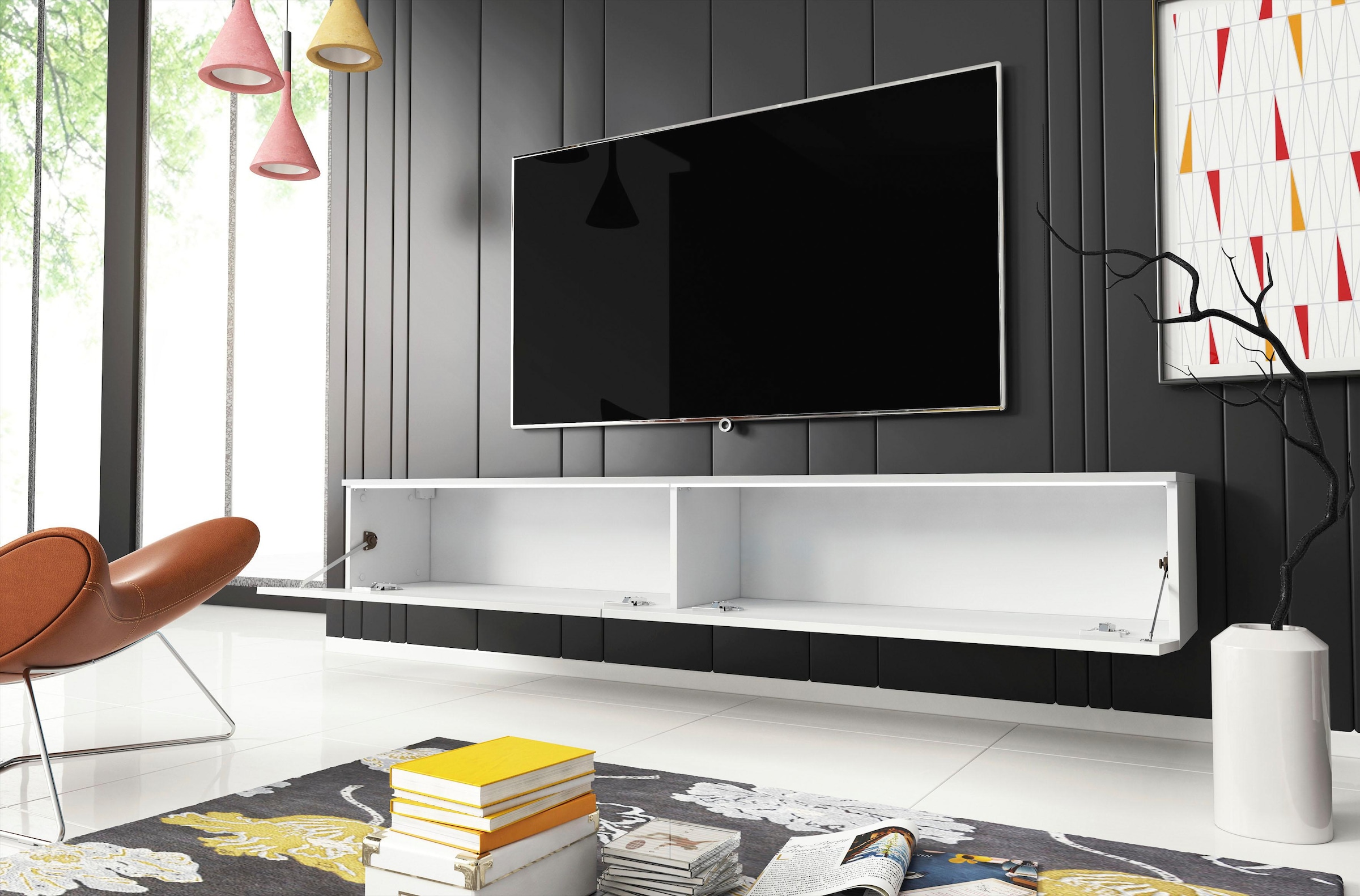 INOSIGN Lowboard »LOWBOARD VERA, wahlweise mit oder ohne Beleuchtung«, Modernes griffloses TV-Board, 180 cm TV-Schrank, stehend und hängend