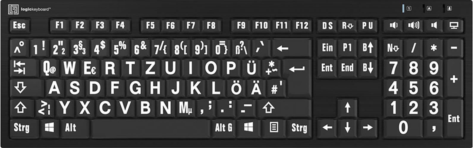 Logickeyboard Slimline-Tastatur »XL-Print White on Black DE (PC/Nero)«, (Ziffernblock-USB-Hub)