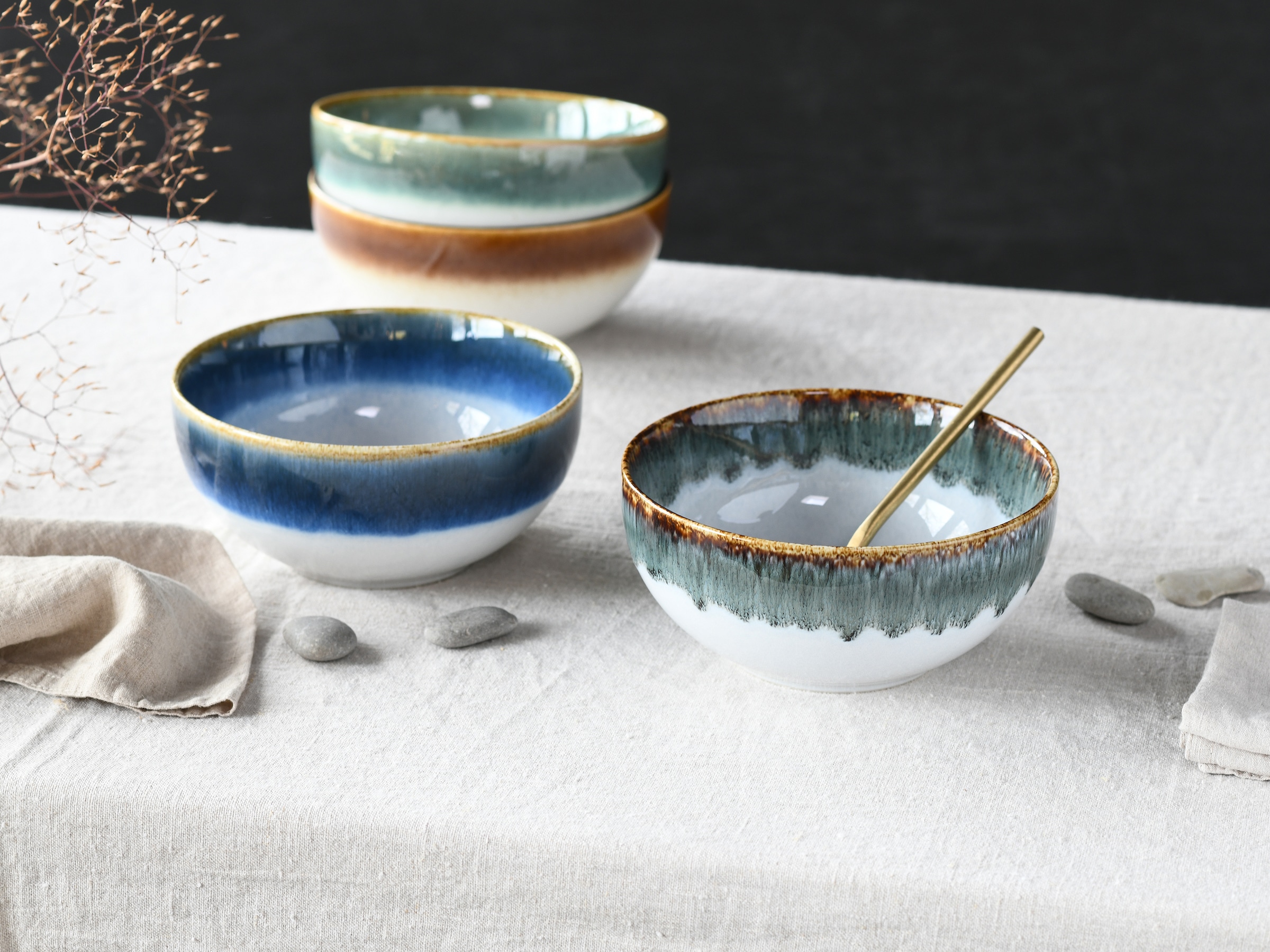 CreaTable Schale »Cascade, Buddha Bowl 17,5 cm 4-tlg«, 4 tlg., aus Steinzeug, Rekativglasur, Healthy Food