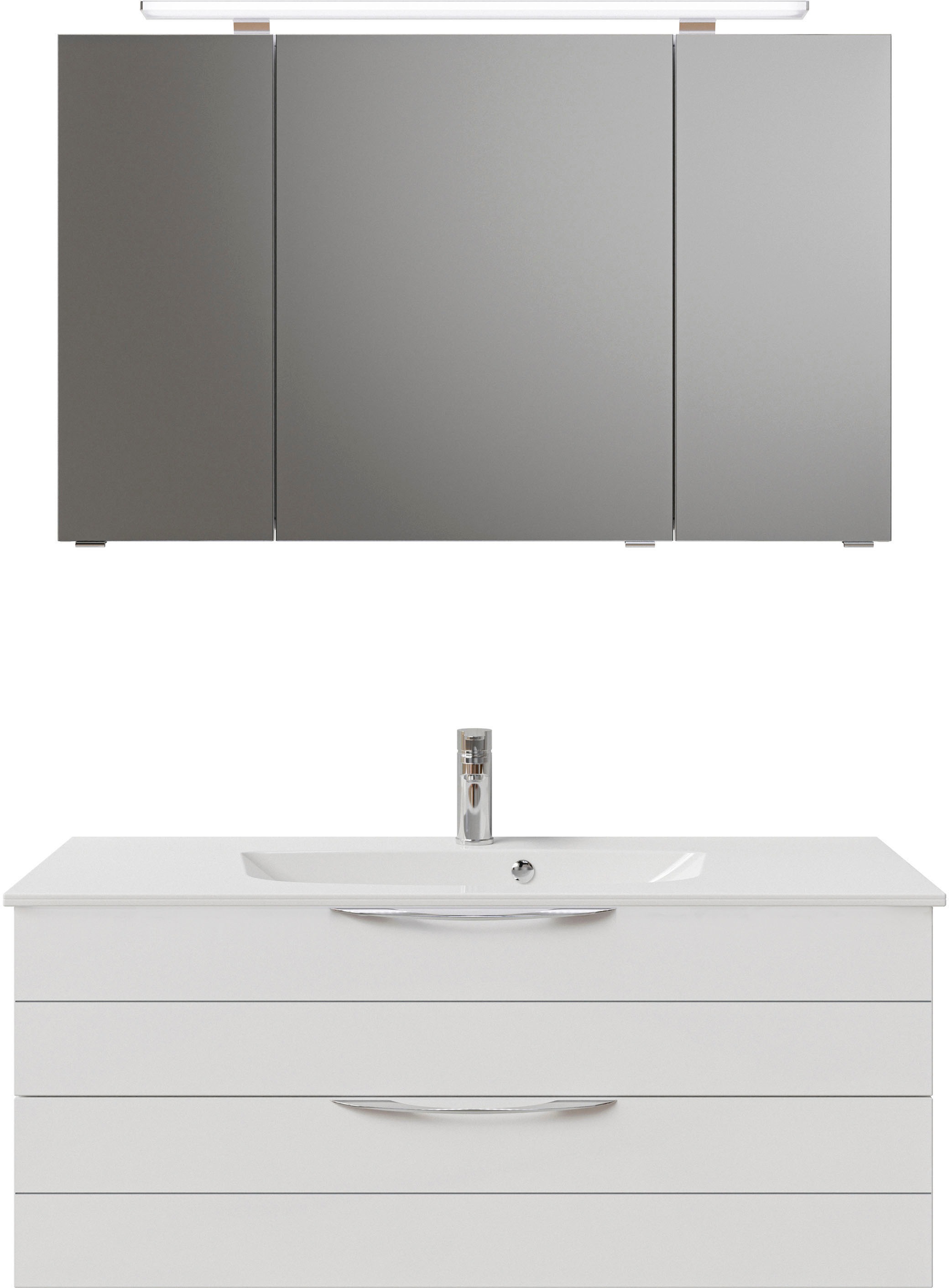 Saphir Badmöbel-Set »Serie 6025 2-teilig Mineralmarmor-Waschtisch mit LED-Spiegelschrank«, (2 St.), Waschplatz 117cm breit, 2 Schubladen, 3 Spiegel-Türen, inkl Türdämpfer